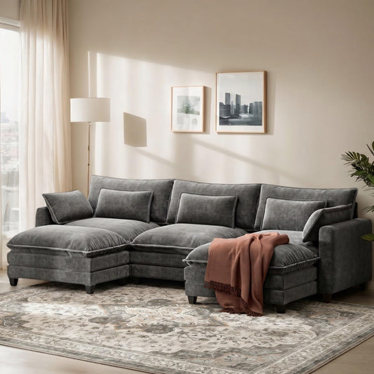 Marsail Modular Sectional Sofa 110.6" U-Shaped Modern Comfy Cloud Couch, 5-Seat Chenille Deep Seat Sofa with Throw Pillow & Movable Ottoman for Living Room, Bedroom and Apartment, Slate Gray