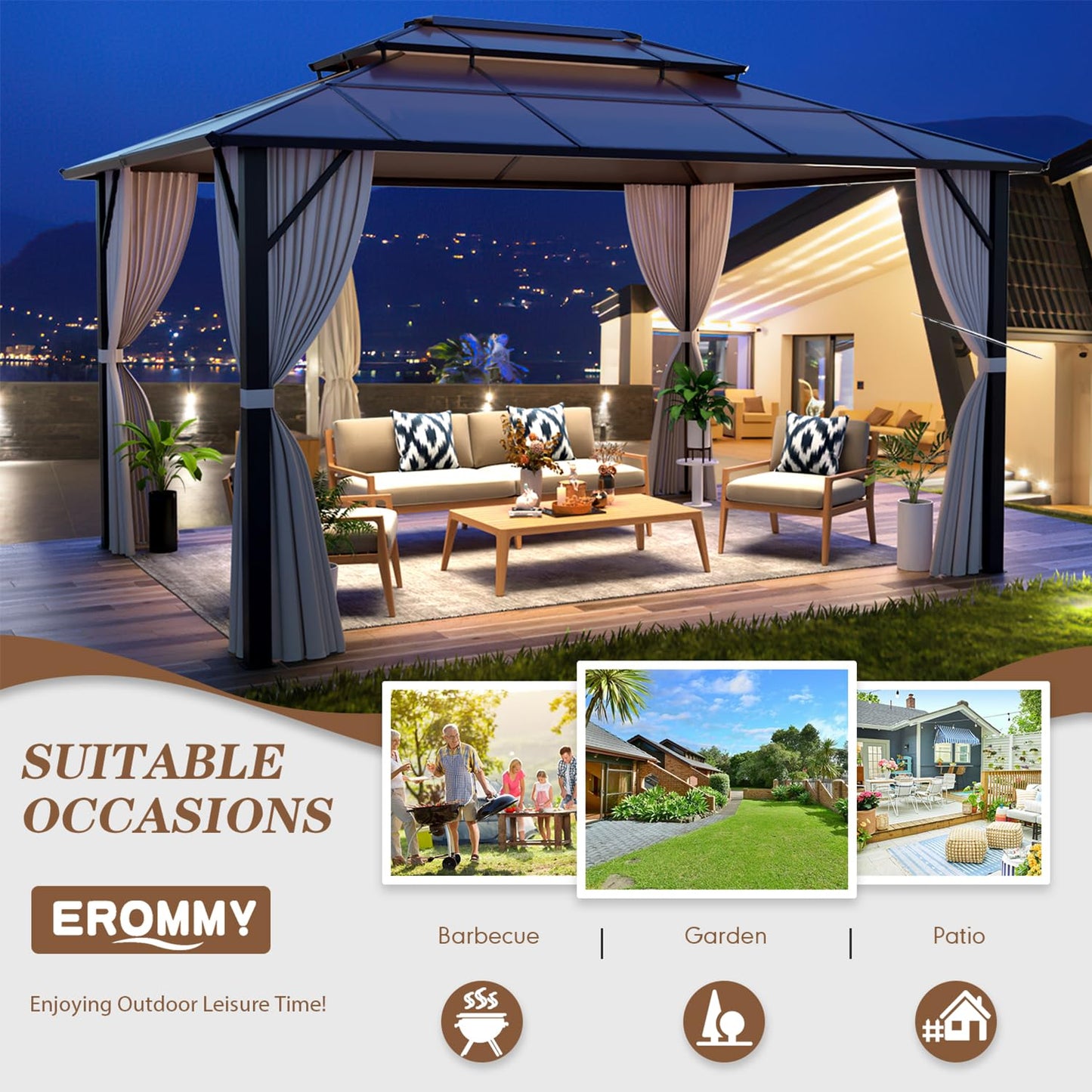 EROMMY 10' x 13' Gazebo Polycarbonate Double Roof Canopy Outdoor Aluminum Frame Pergola, Permanent Pavilion with Netting and Curtains for Garden Patio Lawns Parties