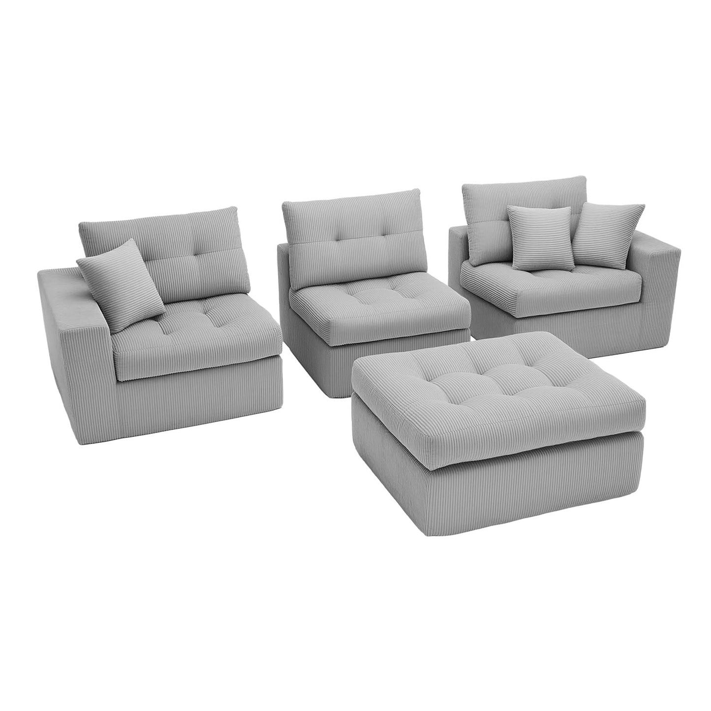 113-Inch L-Shaped Modular Corner Cloud Sofa Corduroy Tufted Foam Sectional with Deep Seat, 4 Pieces Compressed Boneless Sofa Couch with Movable Ottoman & 4 Toss Pillows