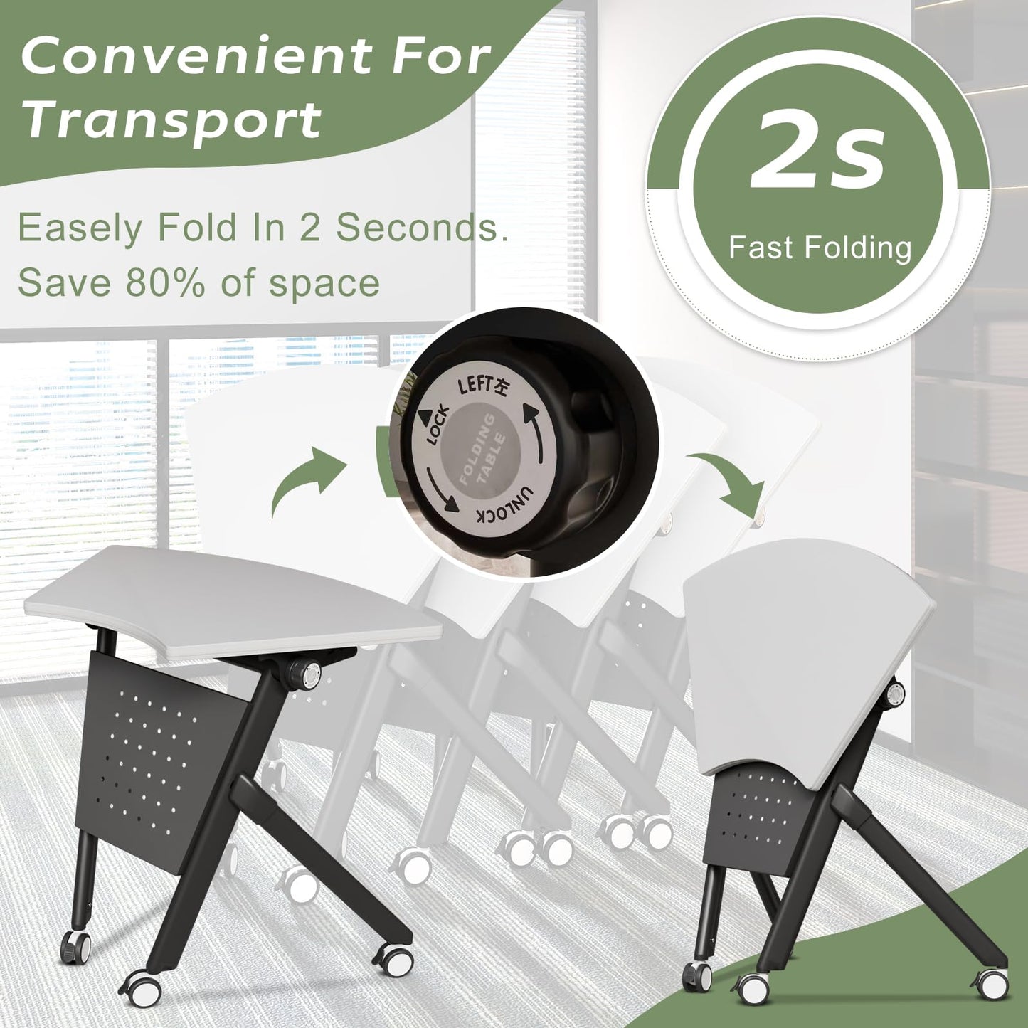 JFazzruit Folding Conference Table,Fan-Shaped Conference Room Tables with Wheels, Mobile Modular Seminar Meeting Desk for Classrooms,Office & Seminar (8, Fan-White)