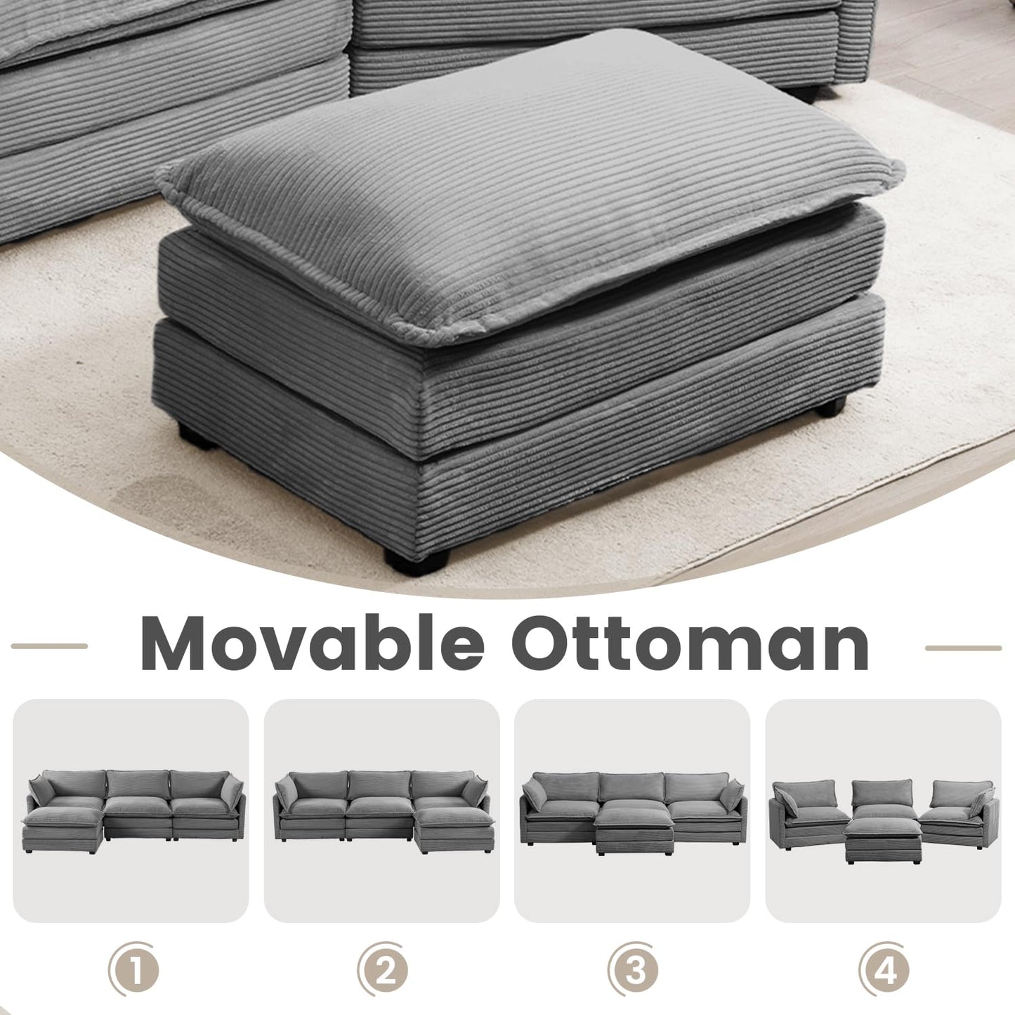 ROWHY 112'' Modular Sectional Cloud Couch with Movable Ottoman, 4 Seat Modern Corduroy Sofa with 2 Throw Pillows, Comfy Deep Seat L Shaped Couches for Living Room Bedroom Apartment, Dark Grey