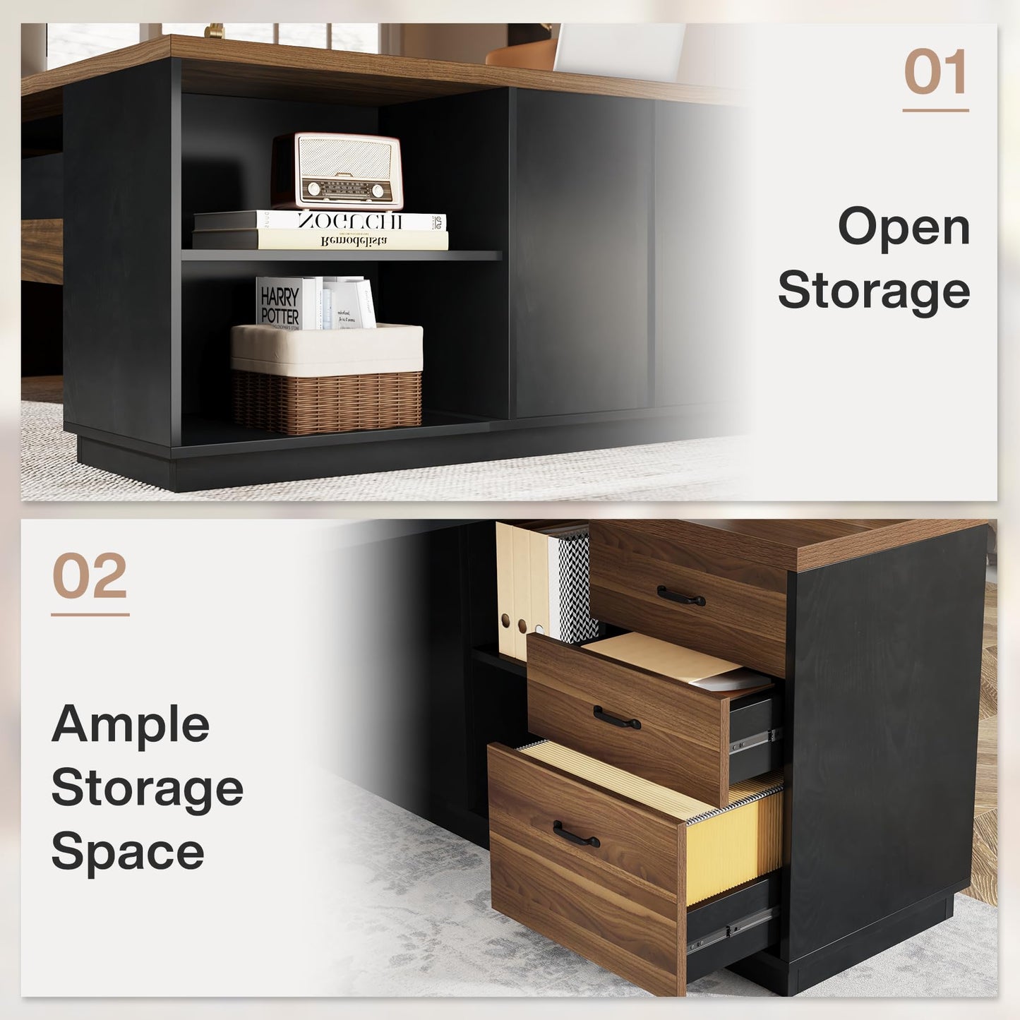 Tribesigns 78" L-Shaped Executive Desk, Extra Large Modern Office Desk with Drawers and File Cabinet, Business Furniture with Storage Shelves, Big Computer Desk for Home Office (Light Walnut + Black)