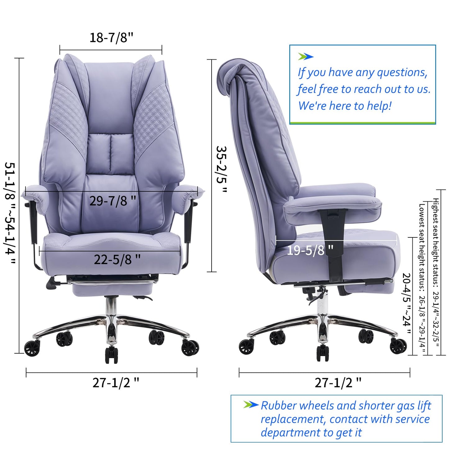 EXCEBET Big and Tall Office Chair 400lbs Wide Seat, Leather High Back Executive Office Chair with Foot Rest, Ergonomic Chairs Lumbar Support for Lower Back Pain Relief (Light Purple)