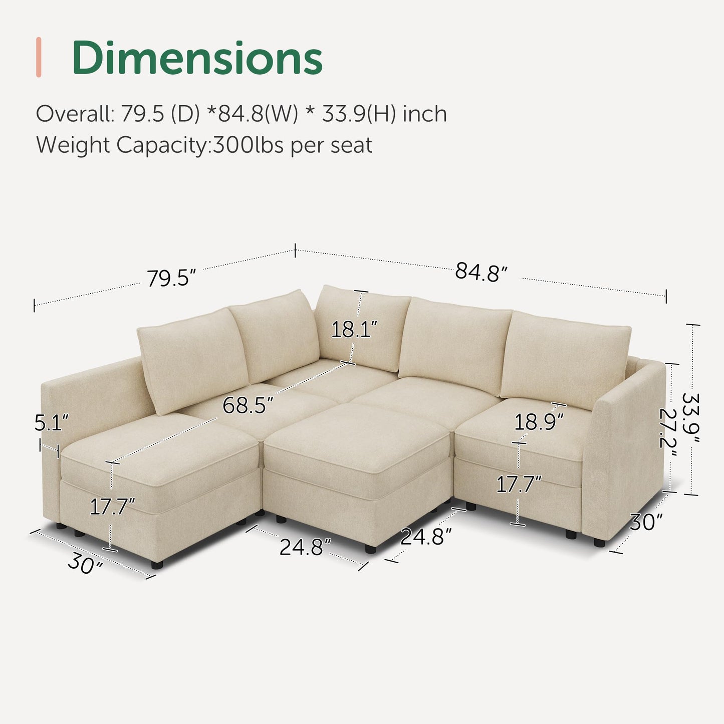 HONBAY Modular Sectional Sofa L Shaped Sectional Couch with Storage, Convertible Couches for Living Room - Beige