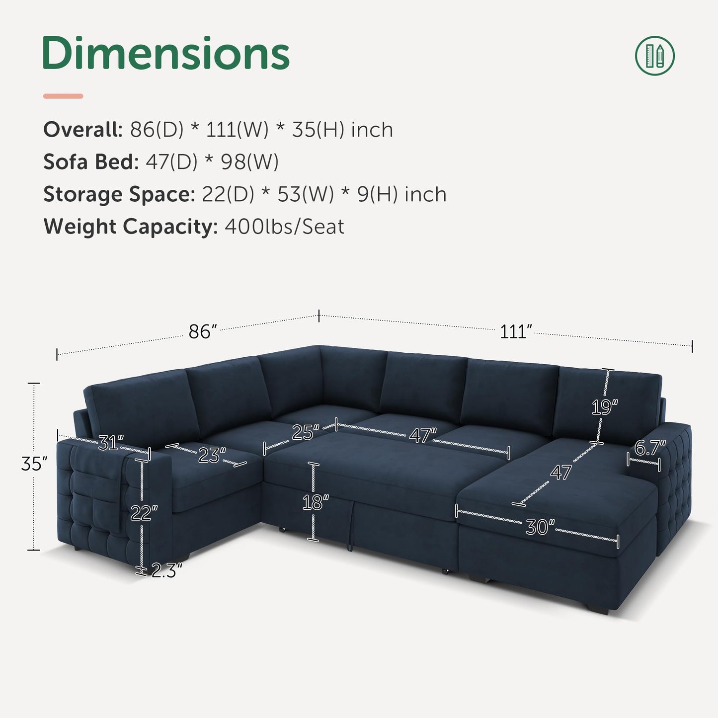 HONBAY Sectional Sleeper Sofa with Pull Out Bed U-Shape Sectional Couch Sleeper Bed with Storage Chaise Lounge Living Room 6 Seater Sectional Sofa,Velvet Dark Blue