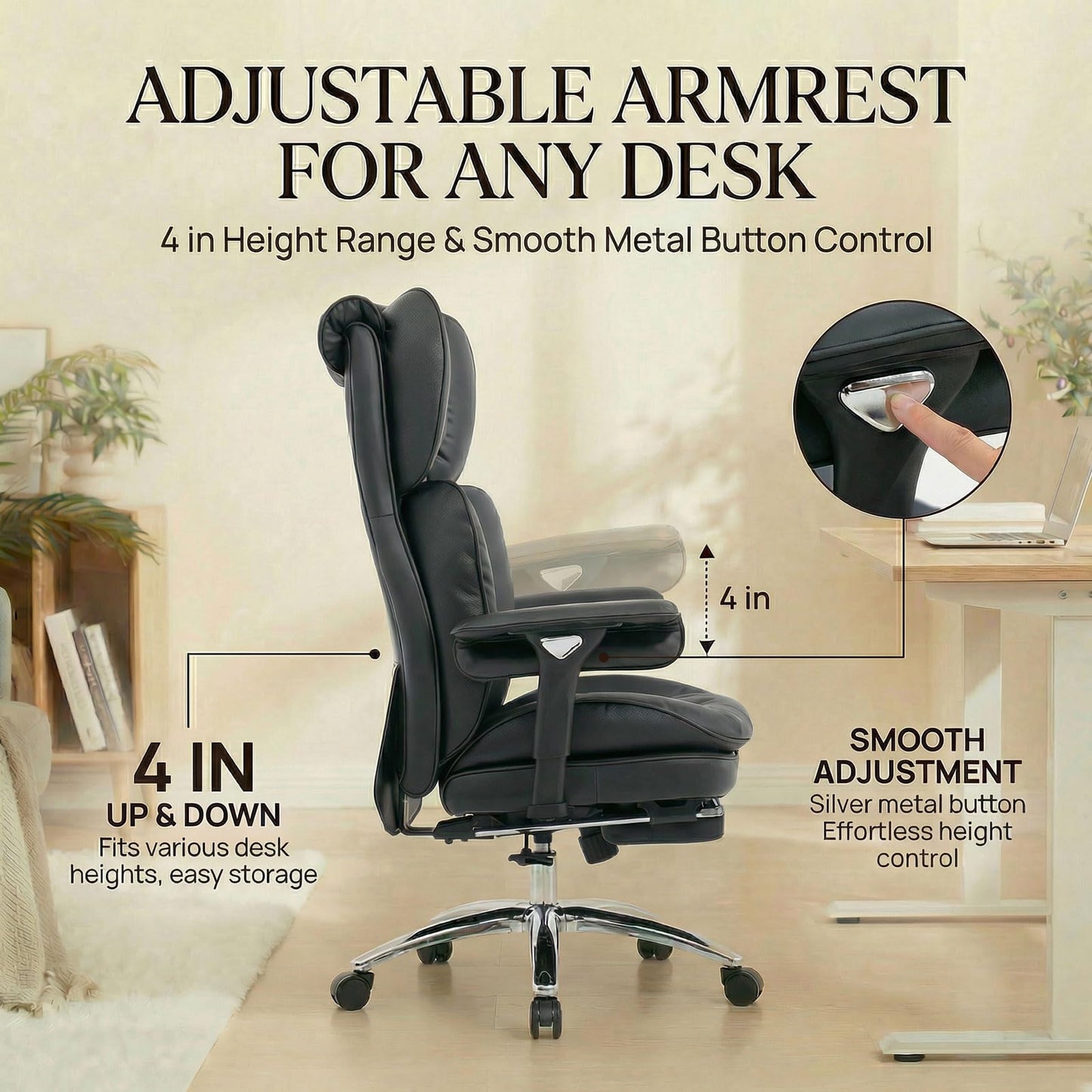 Efomao Big and Tall Office Chair 400lbs Capacity, Executive High Back Chair with 3-Angle Locking Recline and Footrest, Wide Double Padded Desk Chair for Home Office, Metal Frame, Black