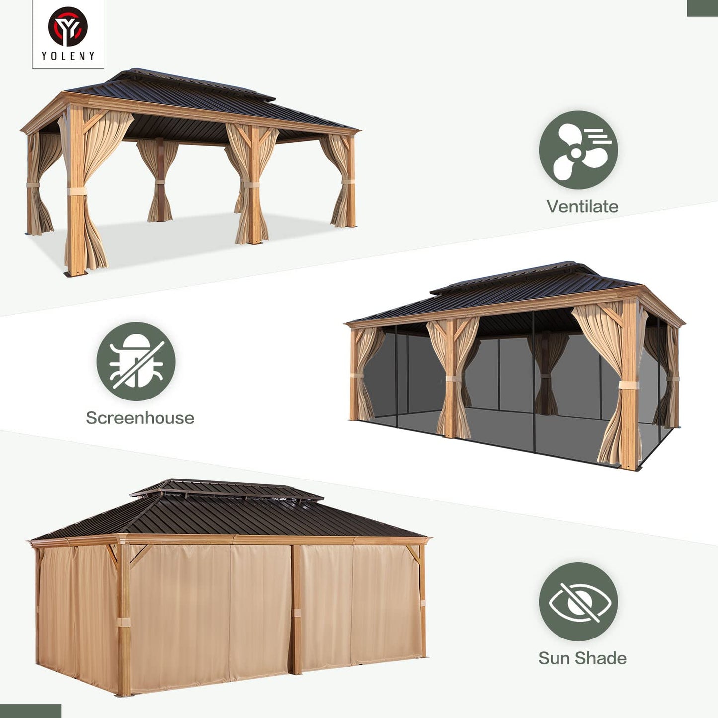 YOLENY 12'x20' Gazebo, Galvanized Steel Double Roof with Wood Grain Aluminum Frame, Outdoor Permanent Metal Pavilion with Curtains and Nettings for Patio, Backyard and Deck