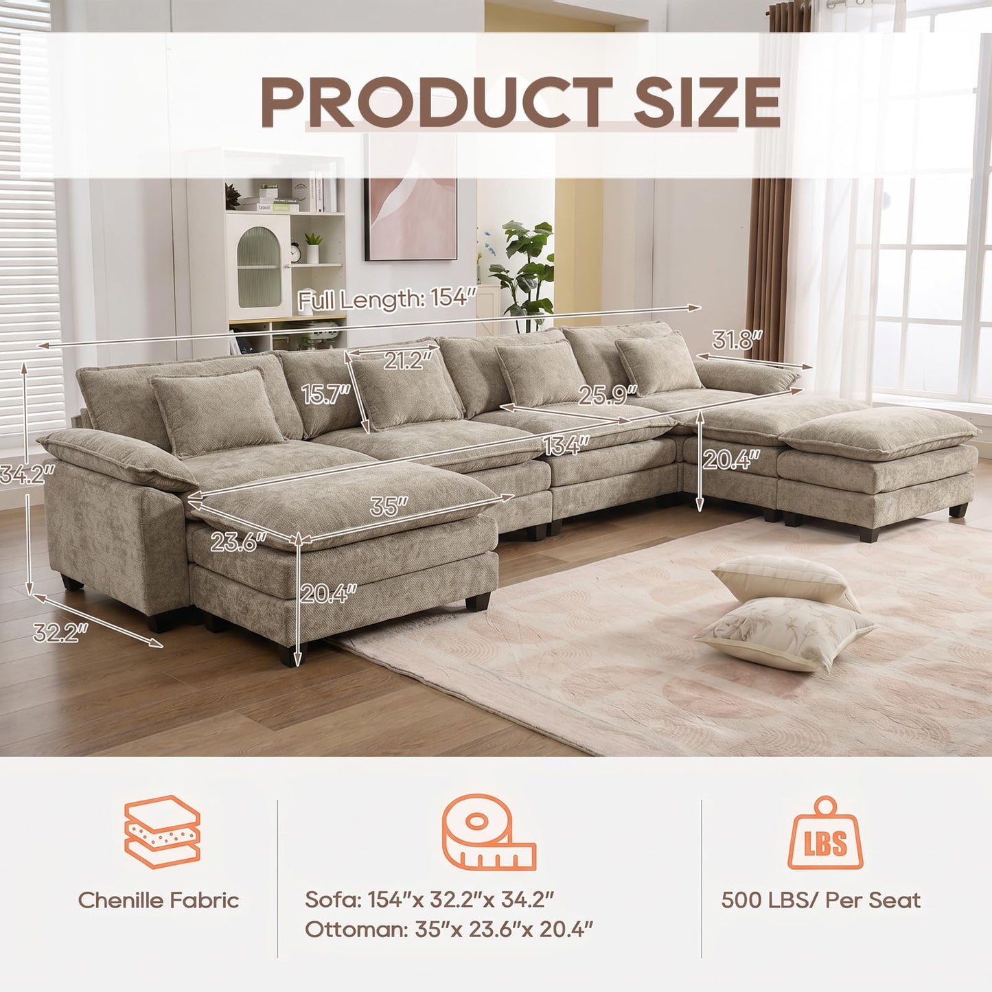 IPKIG 154" Modular Sectional Sofa, Chenille C-Shaped Sectional Couch Comfy Upholstered Seat Sofa with Ottoman, Deep Seat Cloud Couch Sofa for Living Room, Khaki