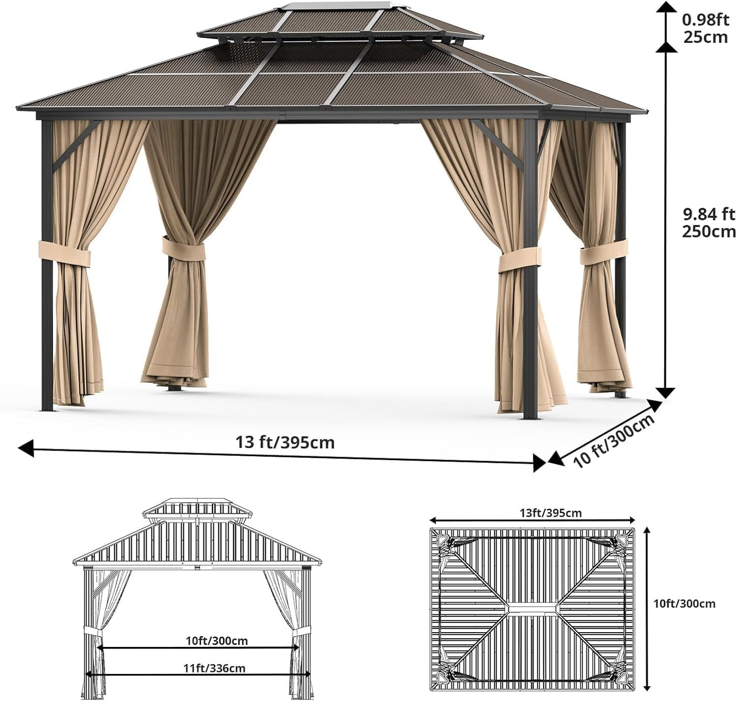 10'X13' Hardtop Gazebo, Galvanized Steel Aluminum Frame with Double Roof, Heavy-Duty Outdoor Patio Gazebo with Curtains & Netting for Backyard, Deck, Porch, Garden, Lawn, Khaki