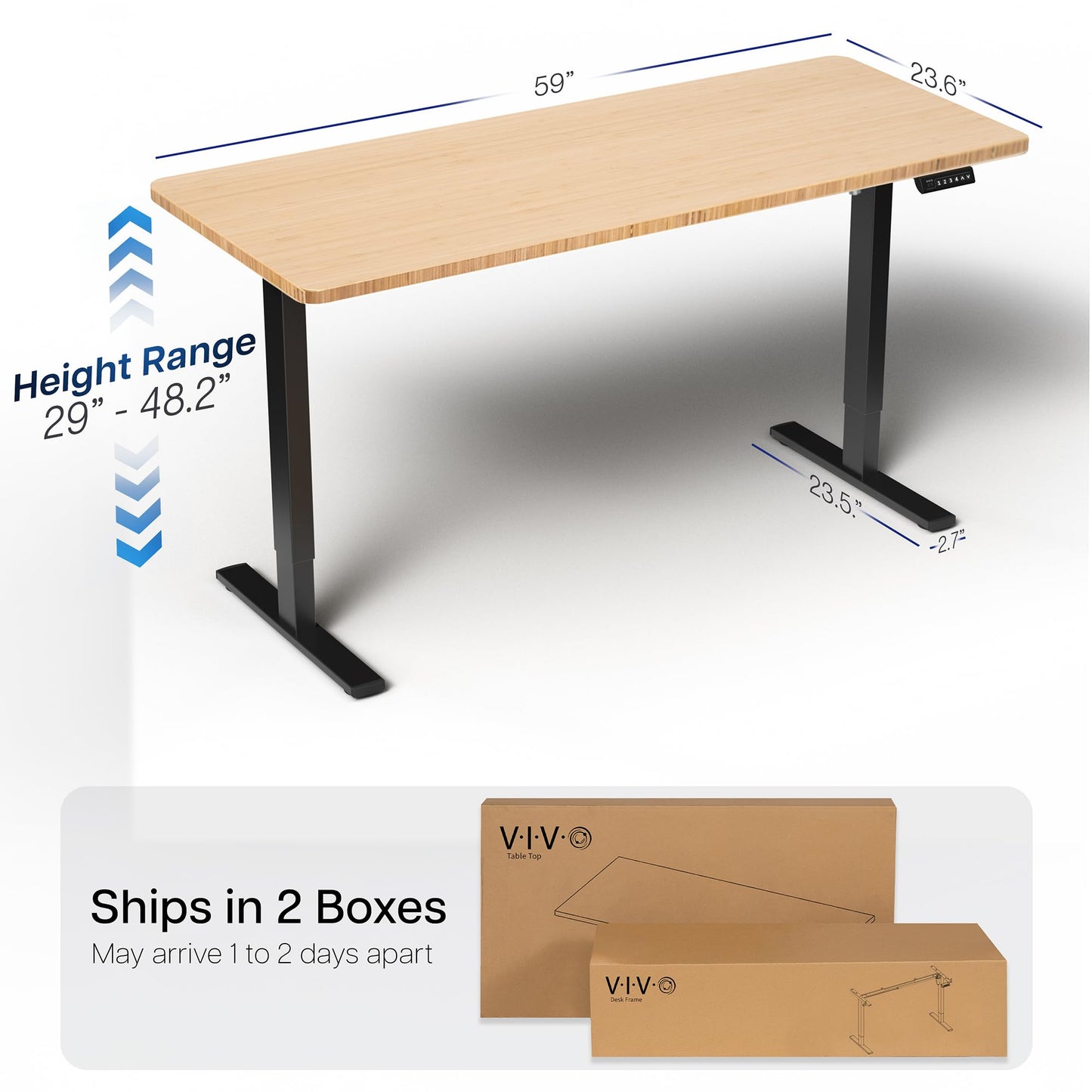 VIVO Electric 60 x 24 in Real Bamboo Standing Desk, Memory Height Adjustment, 1B Series, Holds 220 lbs, One-Piece Top, Black Frame, DESK-KIT-1B6O