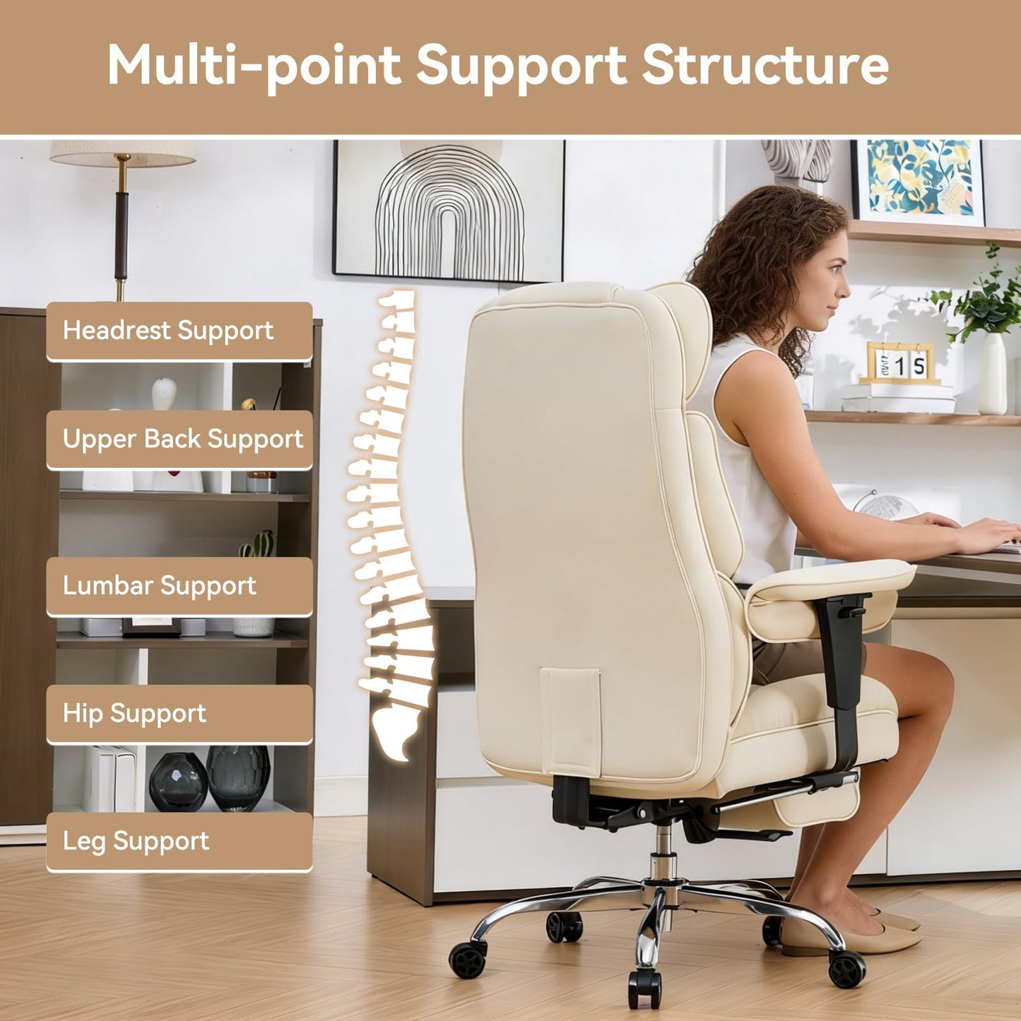 Efomao Big and Tall Office Chair with Footrest - Breathable Mesh Executive Chair, Heavy Duty Computer Desk Chair for Home Office, Ergonomic Lumbar Support & Reclining Mesh Gaming Chair, Beige