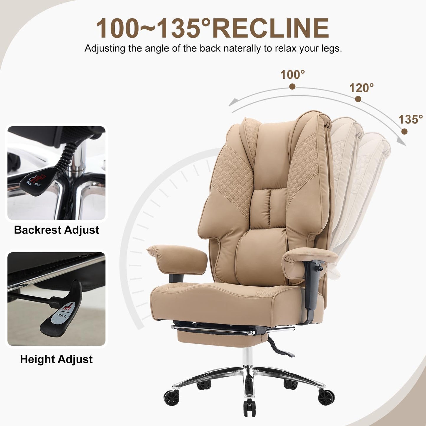 EXCEBET Big and Tall Office Chair 400lbs Wide Seat, Leather High Back Executive Office Chair with Foot Rest, Ergonomic Chairs Lumbar Support for Lower Back Pain Relief, All-Day Comfort (Brown)