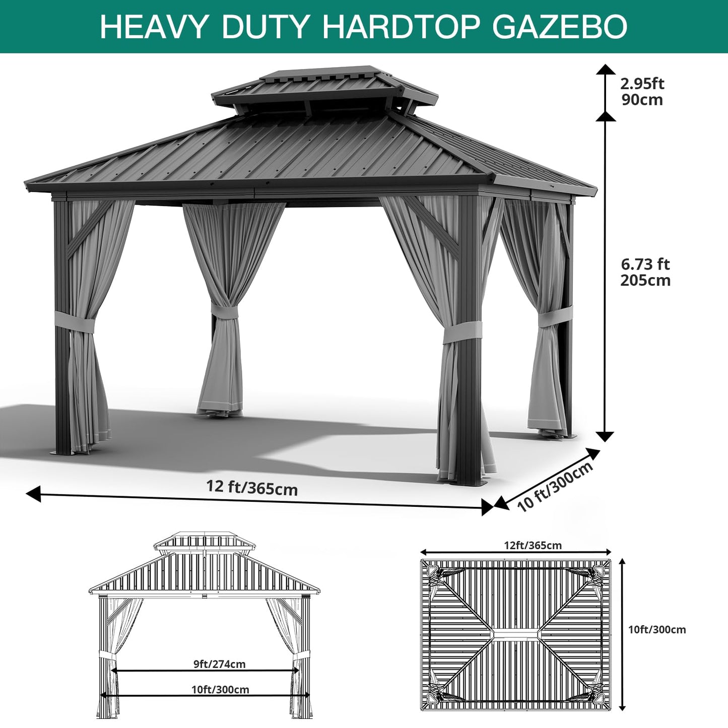 12'x10' Hardtop Gazebo, Heavy Duty Aluminum Permanent Hardtop Gazebo Outdoor Pavilion with Curtains and Netting for Garden