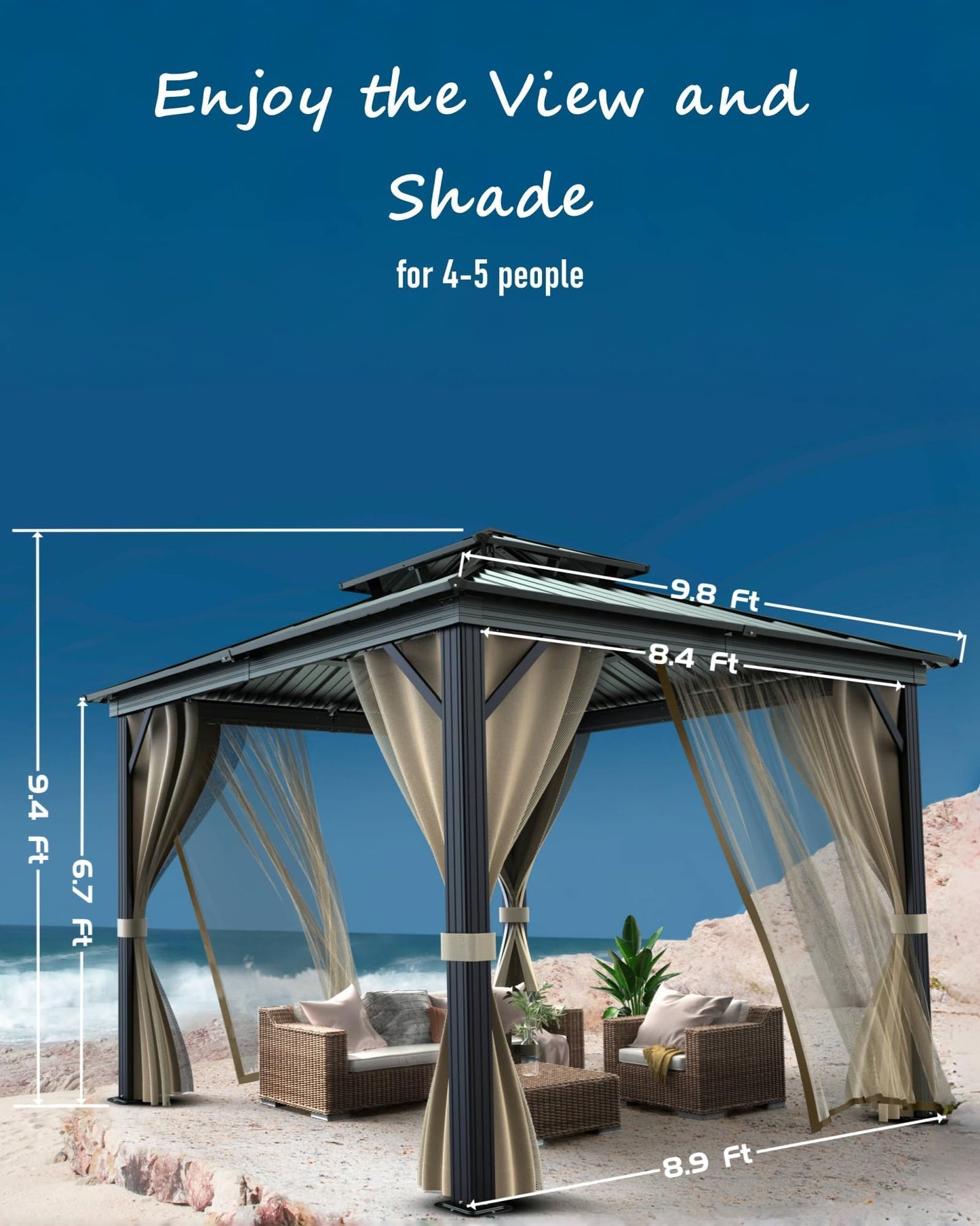 10'X10' Hardtop Gazebo, Galvanized Steel Aluminum Frame with Double Roof, Heavy-Duty Outdoor Patio Gazebo with Curtains & Netting for Backyard, Deck, Porch, Garden, Lawn, Grey