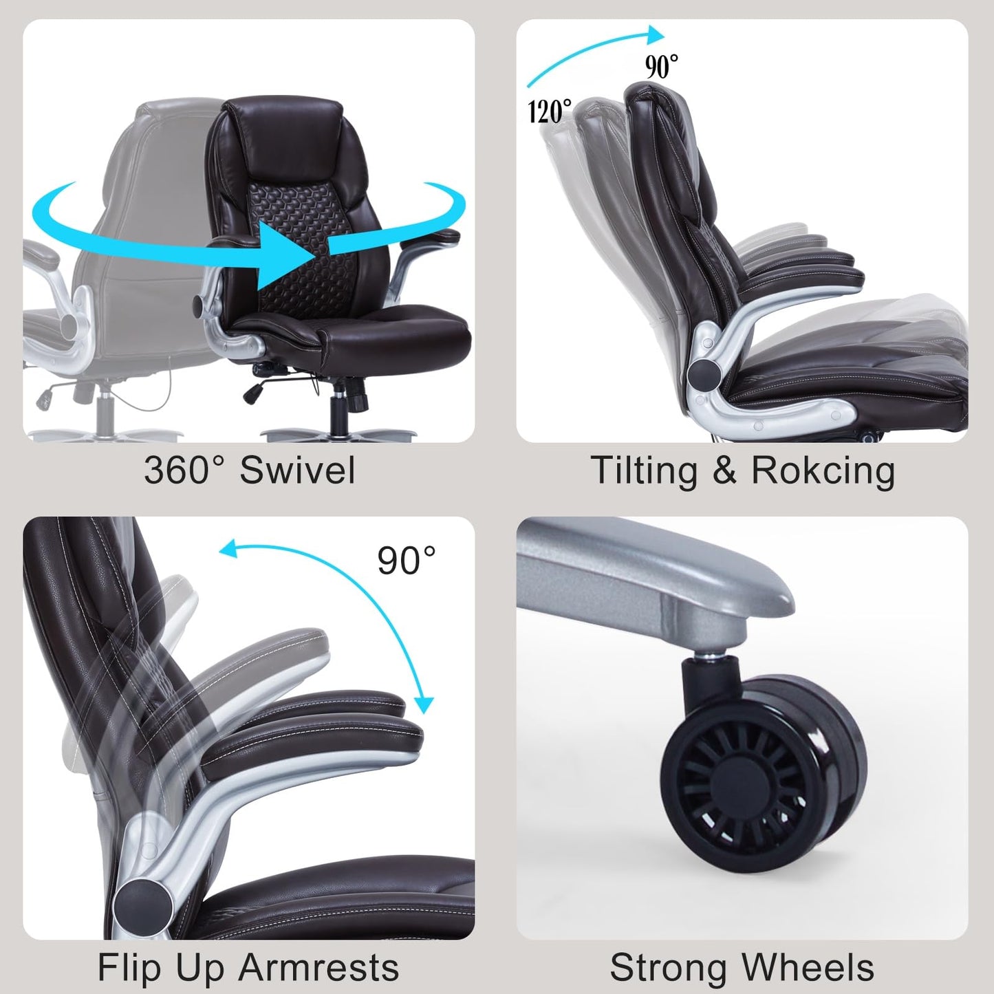 ZLHECTO Big and Tall Office Chair, Ergonomic Desk Chair with Flip-up Arms, PU Leather Office Chair for Home Office, Computer Chair with Adjustable Lumbar Support, Space Saving Executive Task Chair