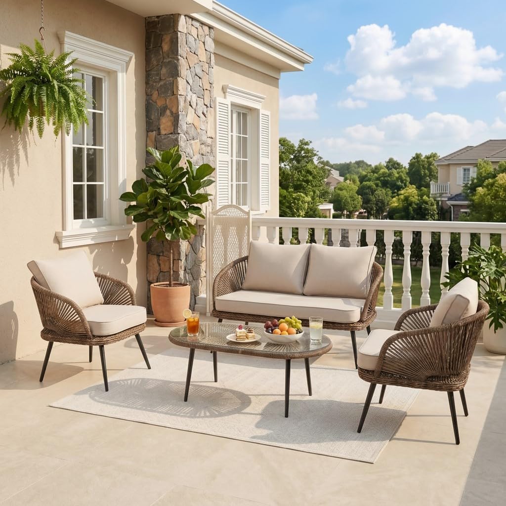 LITTLE TREE Wicker Patio Furniture Set with Coffee Table, 4 Piece Patio Sectional Furniture Set with Removable Cushions, Outdoor Conversation Set for Backyard, Garden, Porch, Balcony, Easy Assembly