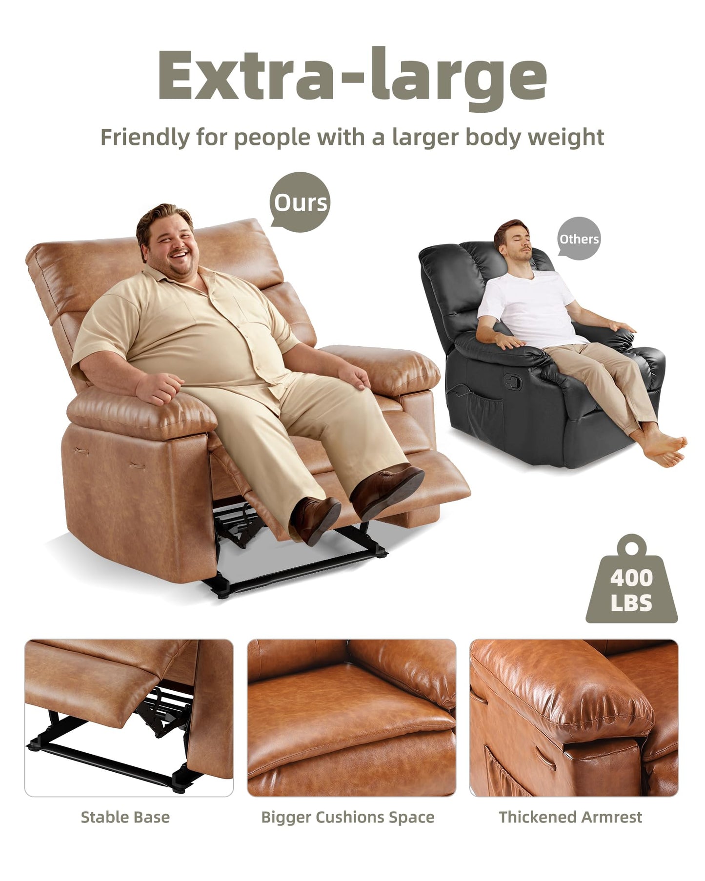 GarveeHome Oversized Recliner Chair, Extra Wide Manual Recliner with Heat and Massage, 400lbs Heavy Duty PU Leather Single Sofa, Large Lazy Chair for Big and Tall Adults, Living Room & Bedroom