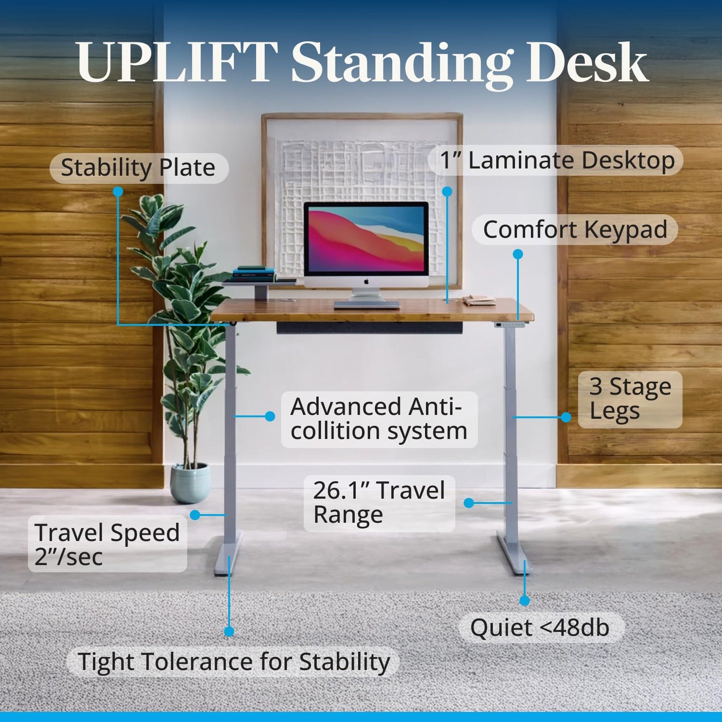 UPLIFTDESK V3 2-Leg White Laminate Wood Standing Desk – Adjustable Height, Advanced 1-Touch Memory Keypad, Under Desk Cable Management, Wire Grommets & Rocker Board (Black C-Frame, 72 x 30 inch)
