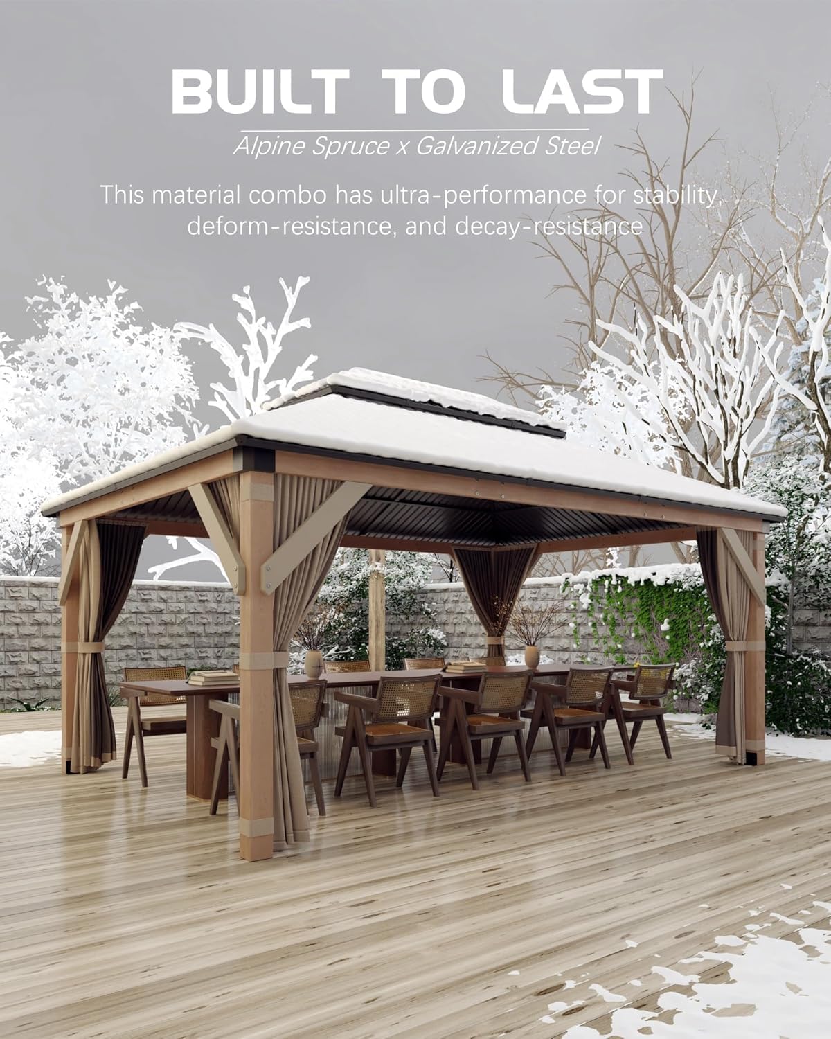 10x12 FT Hardtop Wooden Gazebo with Galvanized Steel Double Roof, Aluminum Frame, Mosquito Netting & Curtains – Durable Outdoor Pavilion for Patio, Backyard, Deck & Lawn