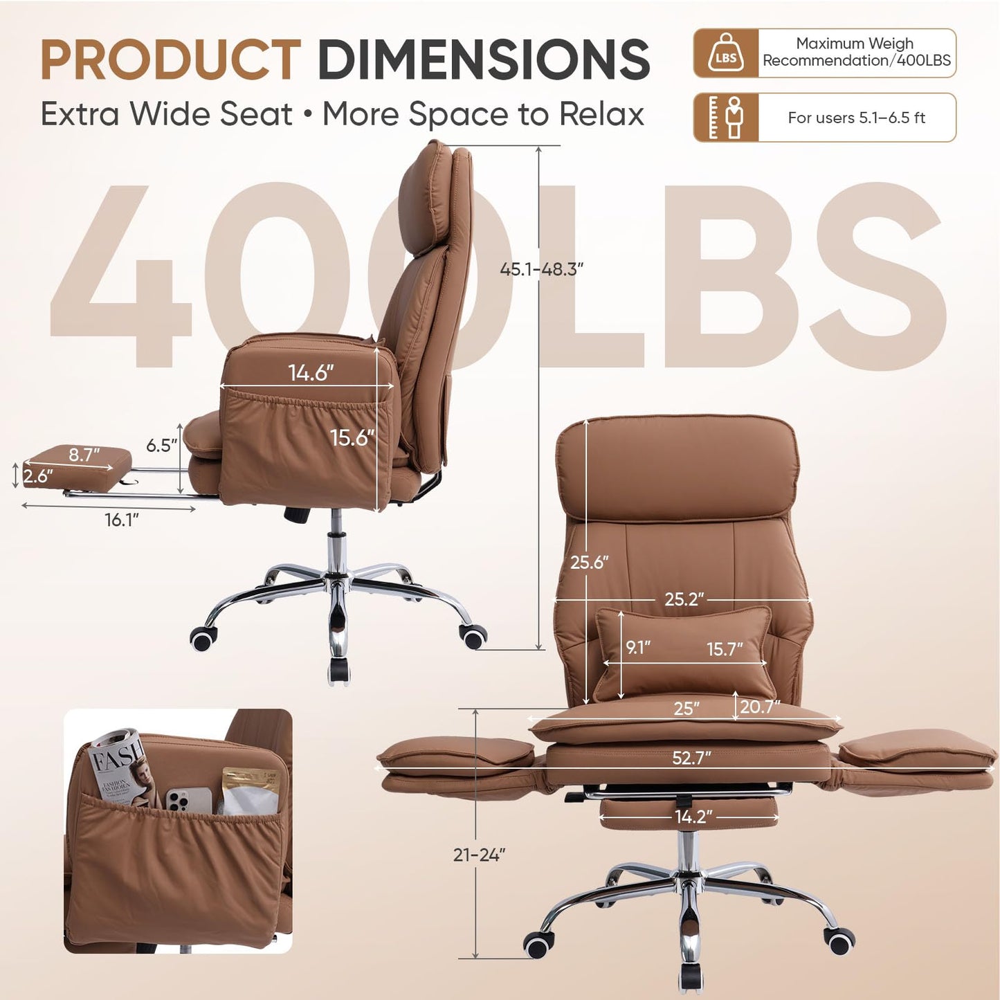 EGSEAT Big and Tall Office Chair with Flip Armrests, Cross Legged Office Chair with Storage Pockets, Comfortable Reclining Computer Chair with Foot Rest, Wide Home Office Desk Chair, Leather Brown