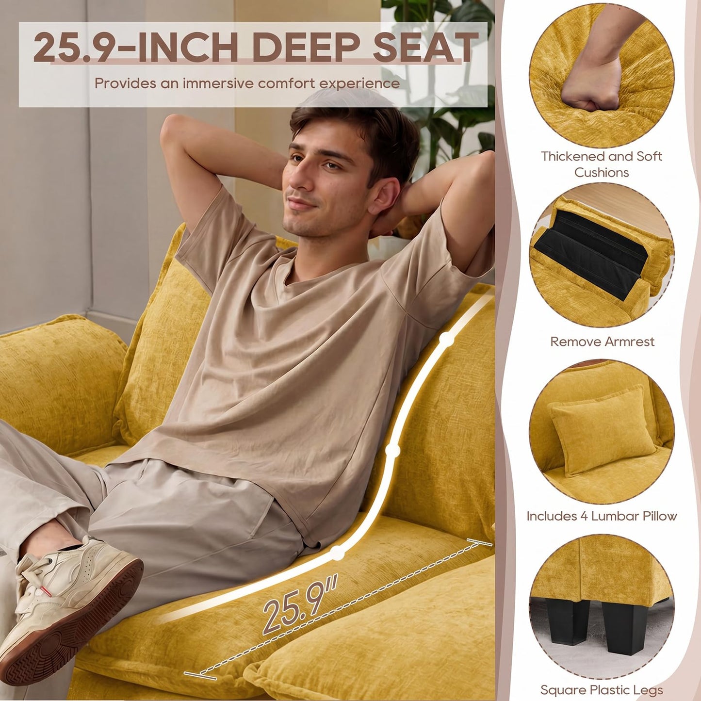 IPKIG 154" Modular Sectional Sofa, Chenille C-Shaped Sectional Couch Comfy Upholstered Seat Sofa with Ottoman, Deep Seat Cloud Couch Sofa for Living Room, Yellow
