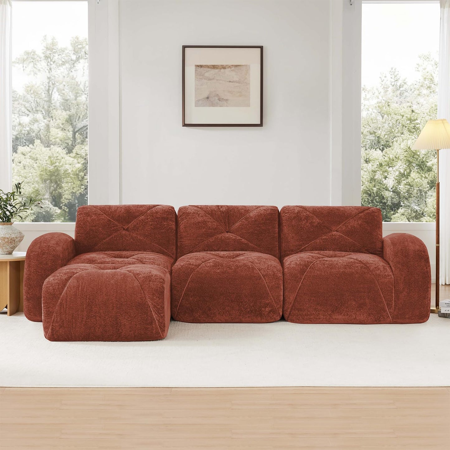 Red L-Shaped Sectional Couches for Living Room, Velvet Fabric Boneless Couch, No Assembly Cloud Modular Sectional Sofa with 1 Ottoman, Foam Couch Compressed Sofa Set for Apartment, Sofas para Sala