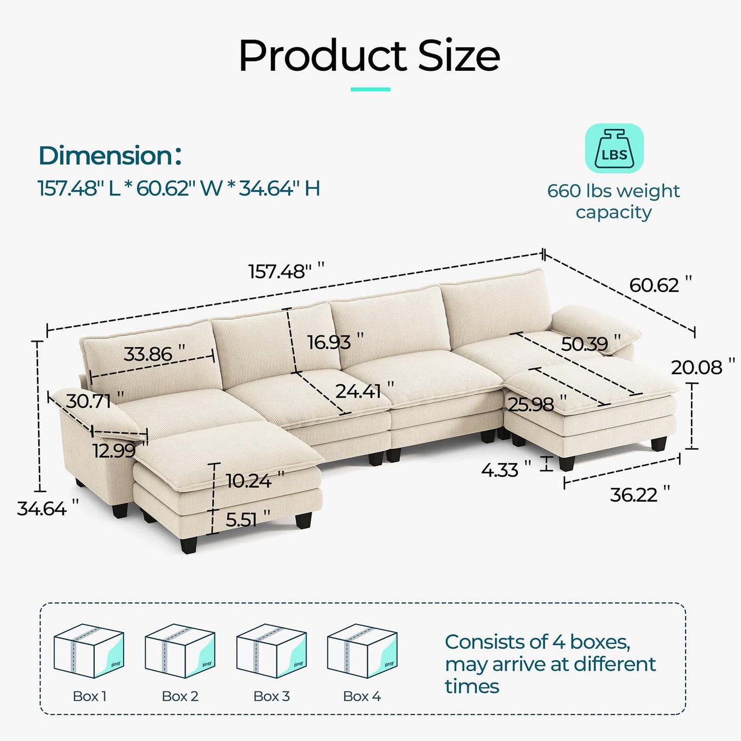 LINSY HOME 157'' Modular Sectional Sofa Beige Couch Corduroy Cloud Couches for Living Room, U Shaped Couch with Movable Ottoman, Modern Cloud Sectional Sofas for Bedroom and Apartment, Beige