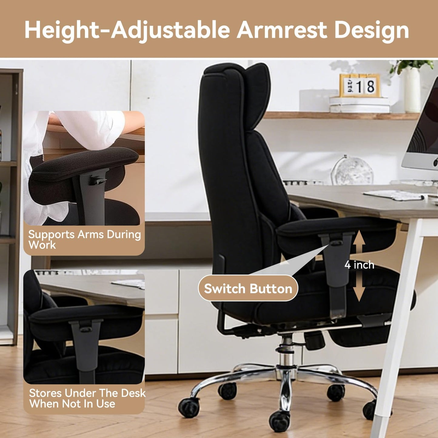 Efomao Big and Tall Office Chair with Footrest - Breathable Mesh Executive Chair, Heavy Duty Computer Desk Chair for Home Office, Ergonomic Lumbar Support & Reclining Mesh Gaming Chair, Black