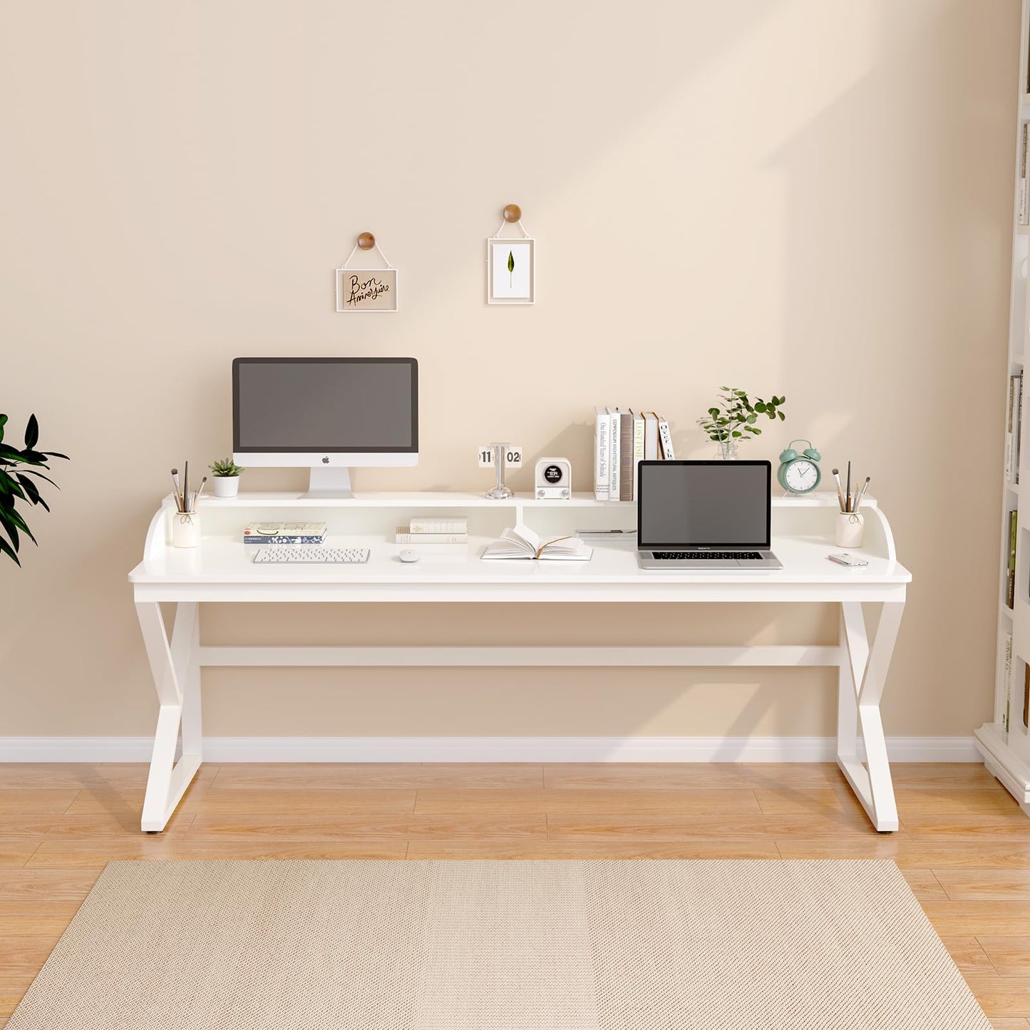 OSCHF Long Desk with Monitor Stand - 71" Double Long Computer Table for 2-Person Workstation, Large Writing Study Work Desk for Home and Office, White