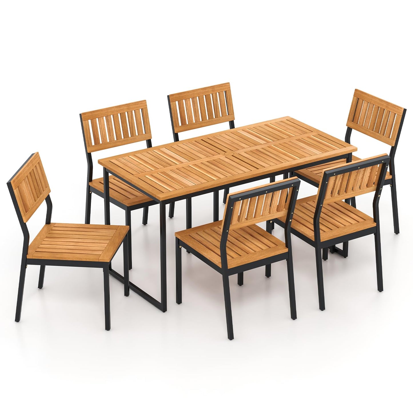 Tangkula 7 Piece Outdoor Dining Set for 6, Acacia Wood Rectangular Dining Table & 6 Armless Chairs w/Metal Frame, Umbrella Hole, Farmhouse Dining Furniture Set for Garden Porch Poolside