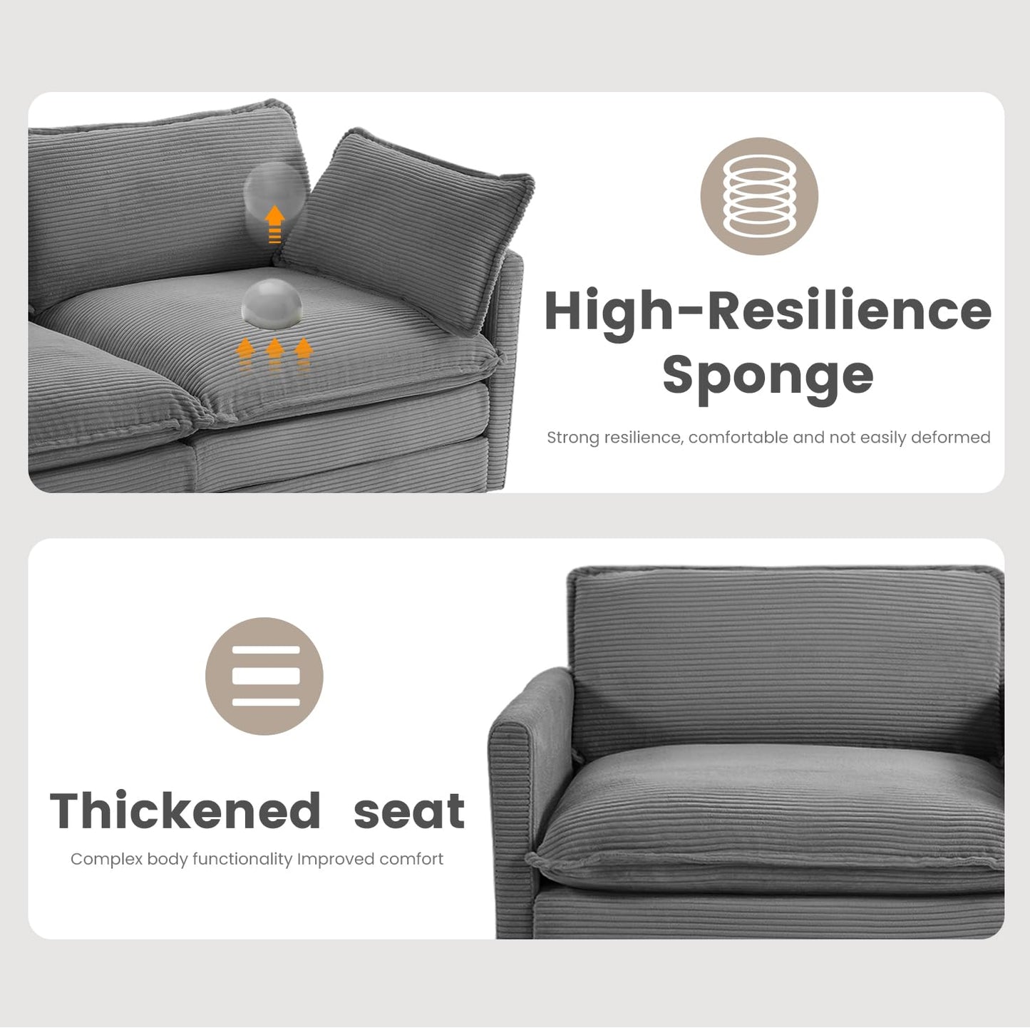 ROWHY 112'' Modular Sectional Cloud Couch with Movable Ottoman, 4 Seat Modern Corduroy Sofa with 2 Throw Pillows, Comfy Deep Seat L Shaped Couches for Living Room Bedroom Apartment, Dark Grey