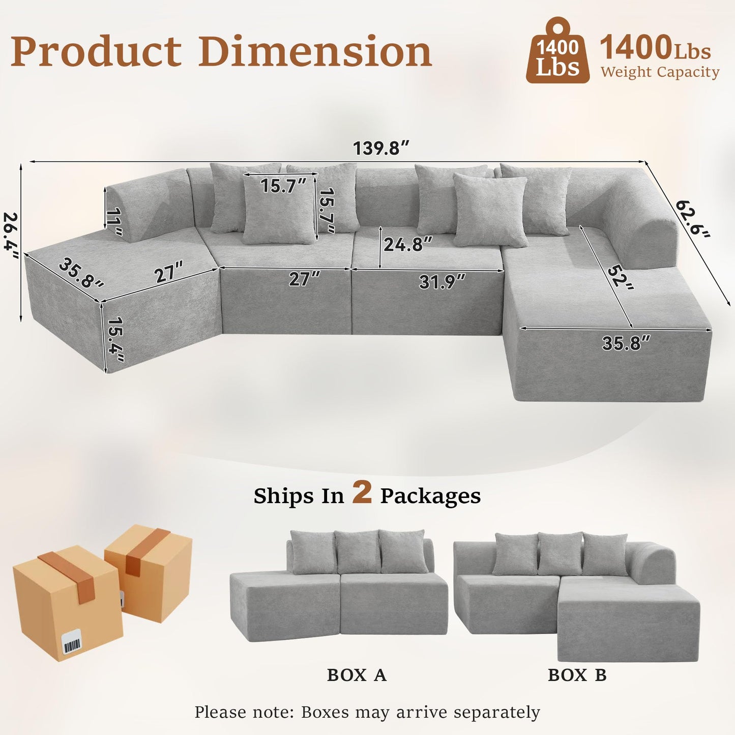 CACFTII 140" Oversized Boneless Couch, Curved Cloud Sectional Couch with L-Shape Chaise, Compressed Memory Foam Couch, Velvet Modular Sectional Sofa for Living Room, No Assembly Required, Grey