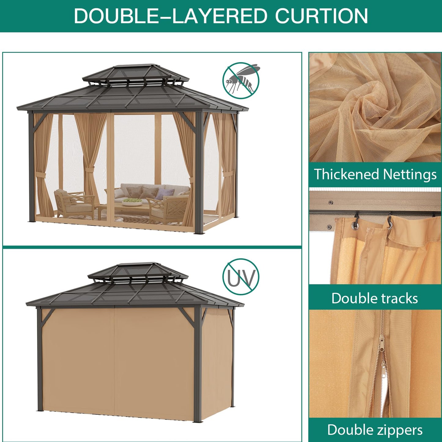 10x12 ft Permanent Aluminum Gazebo with Double-Layer PC Roof, Sturdy Metal Pavilion Canopy, All-Weather Outdoor Sunshade Structure with Retractable Curtains for Patio, Backyard, Garden, Deck