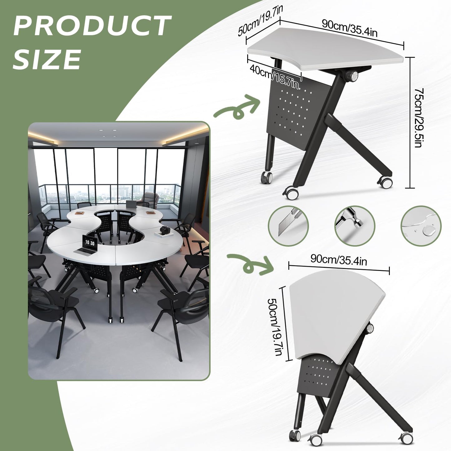JFazzruit Folding Conference Table,Fan-Shaped Conference Room Tables with Wheels, Mobile Modular Seminar Meeting Desk for Classrooms,Office & Seminar (8, Fan-White)