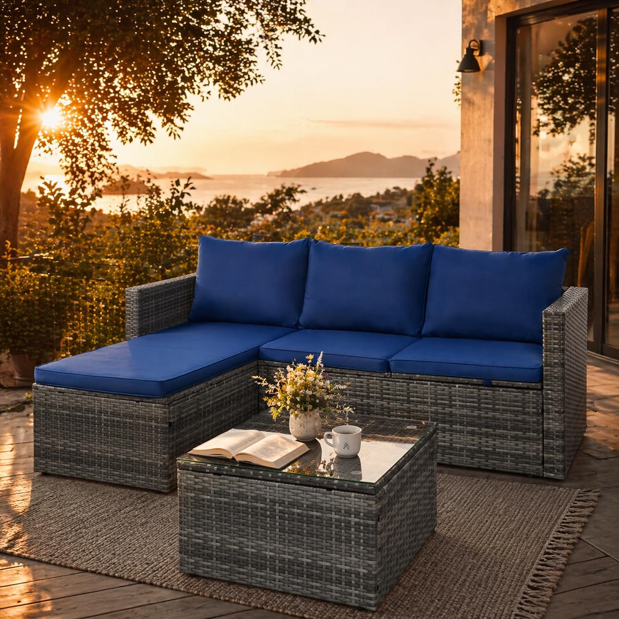 SUNLEI Small Outdoor Sofa Patio Furniture Set with Detachable Cushions, 3 PCS Patio Sectional Sofa with Coffee Table & 5 Position Adjustable,PE Rattan Patio Conversation Set, Silver Rattan/Royal Blue