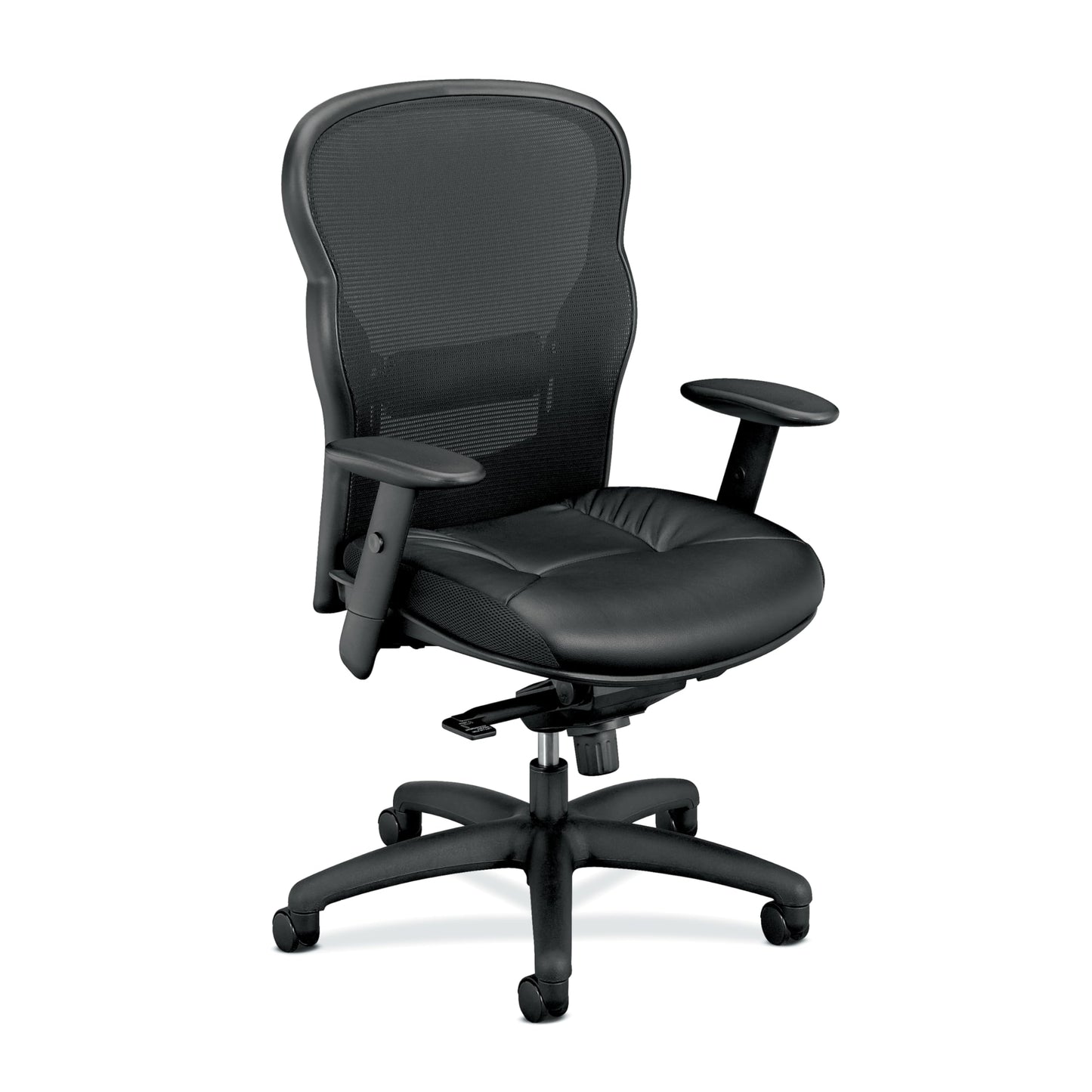 HON Wave High Back Ergonomic Office Chair with Leather Seat and Breathable Mesh Back, Adjustable Arms, Synchro‑Tilt Recline and Swivel Wheels for Desk and Computer Use, Black