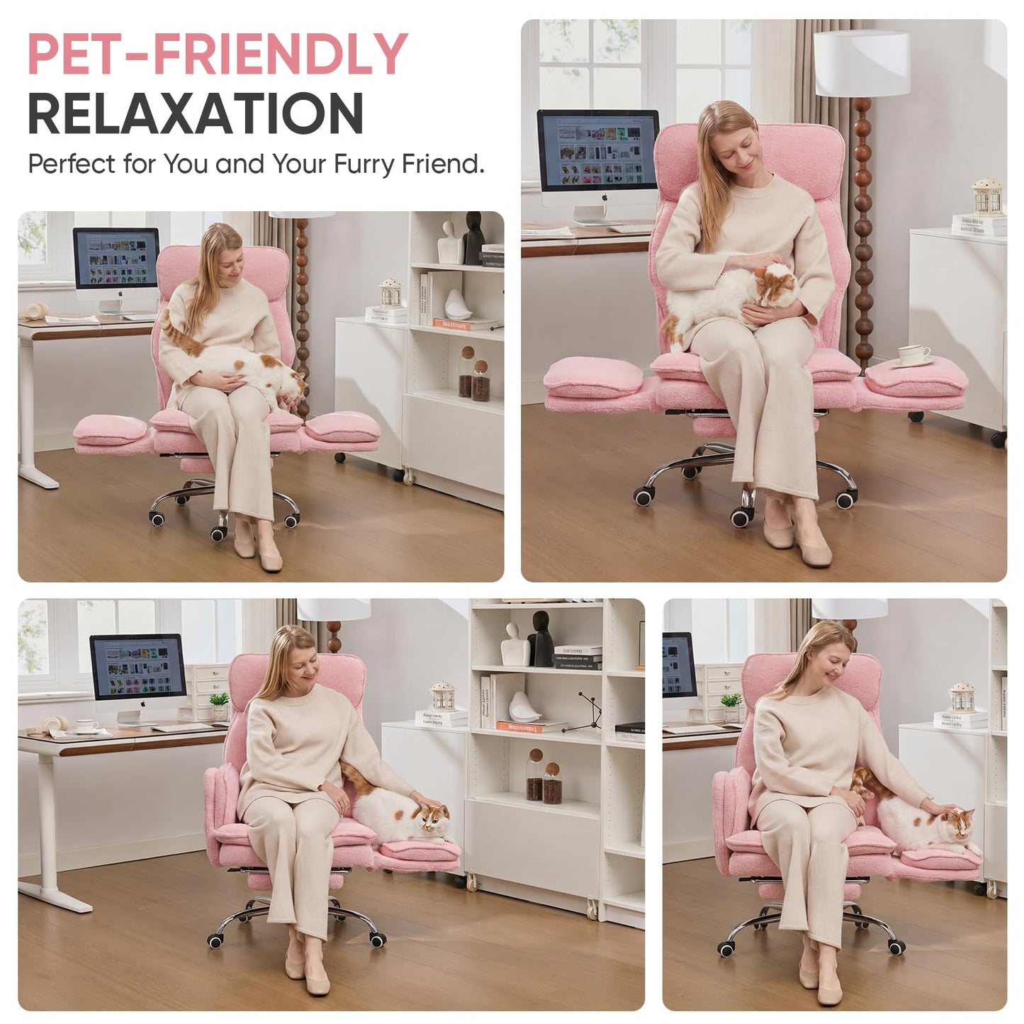 EGSEAT Big and Tall Office Chair with Flip Armrests, Cross Legged Office Chair with Storage Pockets, Comfortable Reclining Computer Chair with Foot Rest, Wide Home Desk Chair, Teddy Fleece, Pink