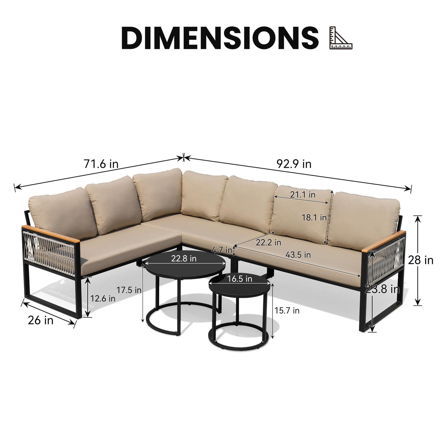 Crestlive 6 Piece Patio Furniture Set, Modern L-Shaped Outdoor Sectional Sofa with Nesting Tables, 4 Inch Thick Cushion, All Weather Resistant Outdoor Furniture Set for Backyard Patio Garden