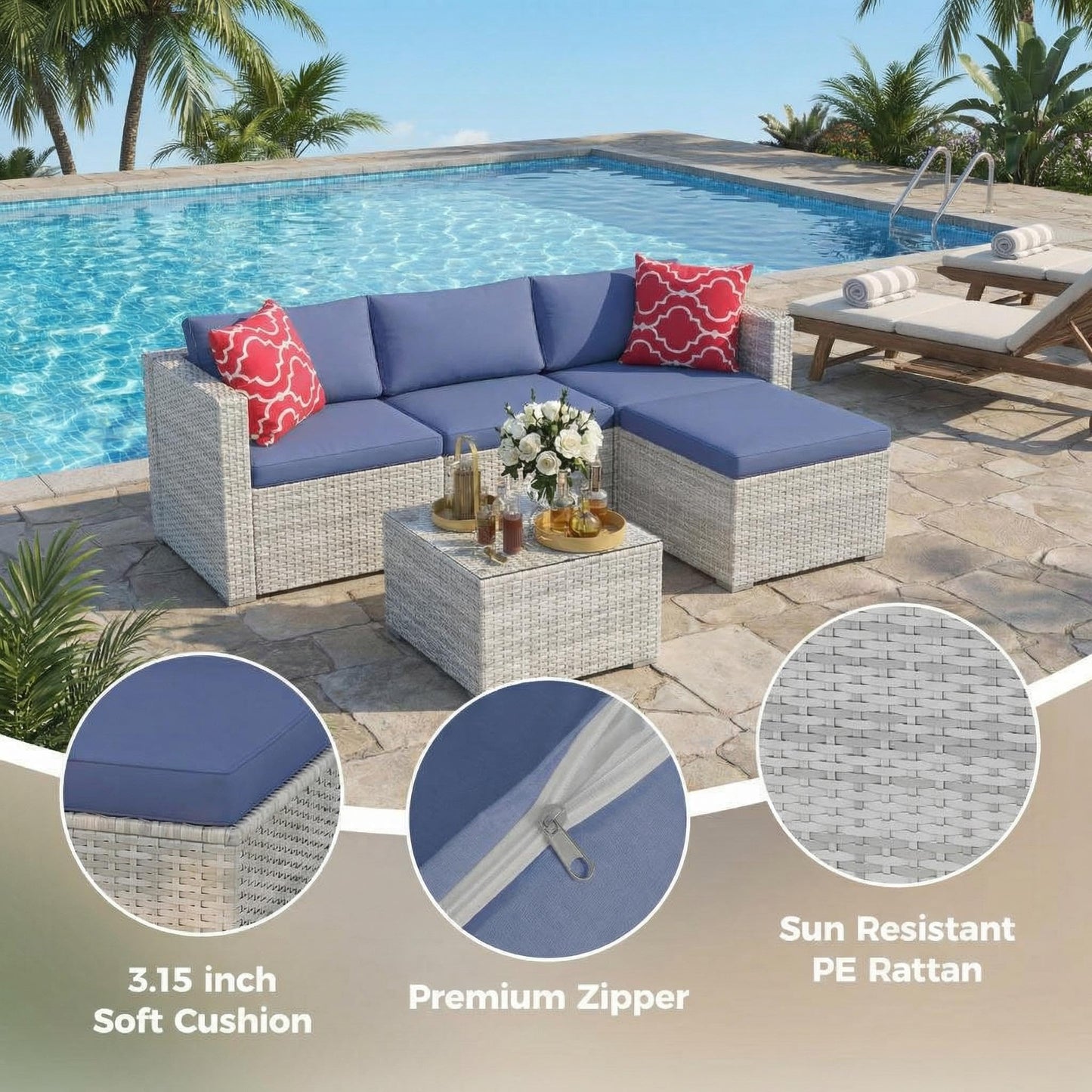5-Piece Patio Sectional Sofa Set, All-Weather Brown PE Rattan Outdoor Conversation Furniture with Neutral-Tone Cushions, Glass Coffee Table & Footstool, Modular Design for Garden, Porch, Balcony, Pool