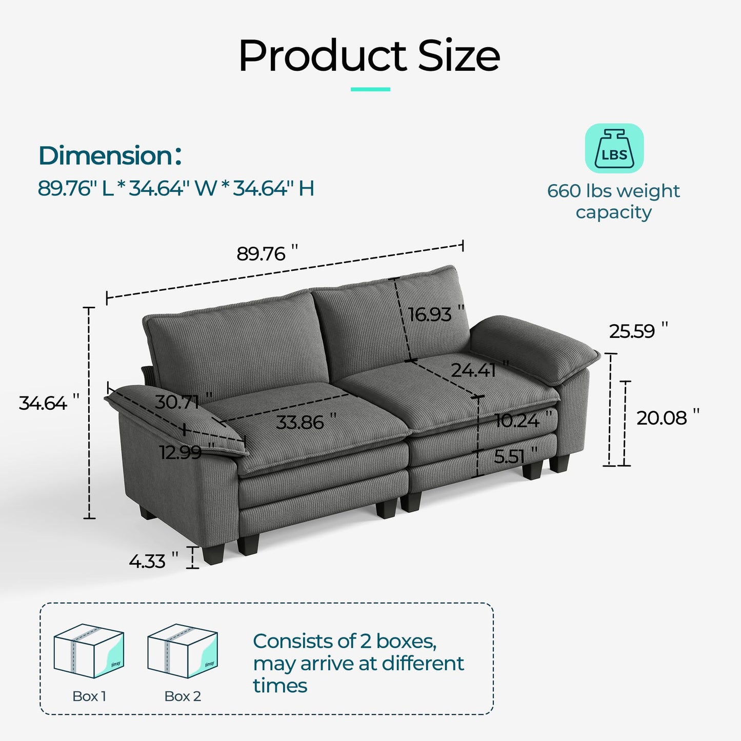 LINSY HOME 90'' Cloud Loveseat Sofa, Modular Sectional Couches Corduroy Cloud Couch Soft Modern Comfy Love Seat Sofa Set for Living Room Apartment Office, Grey