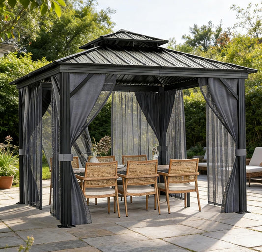 12'X12' Hardtop Gazebo, Outdoor Double Roof Galvanized Steel Gazebo, Aluminum Heavy-Duty Steel Top Canopy with Mosquito Net & Privacy Curtain for Patio, Porch, Garden, Lawn, Deck, Backyard,Gray