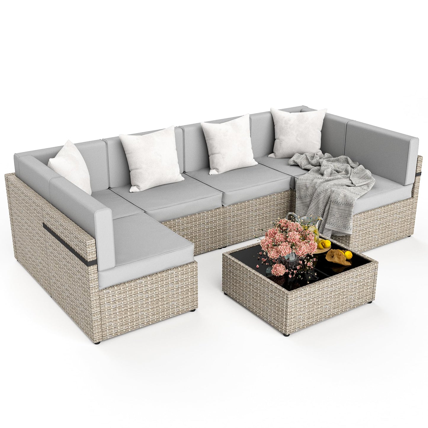 Pamapic 7 Piece Outdoor Sectional Furniture Set, All-Weather Wicker Patio Furniture with Washable Cushions, Waterproof Gray Rattan Conversation Sofa Set for Backyard, Poolside, Garden