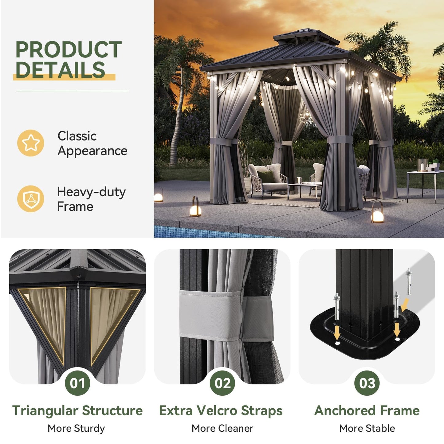Aoxun 8x8 Hardtop Gazebo, Aluminum Frame Outdoor Gazebo with Double Galvanized Steel Roof, Patio Pavilion with Netting and Curtains, Backyard Gazebo for Patio Deck Garden