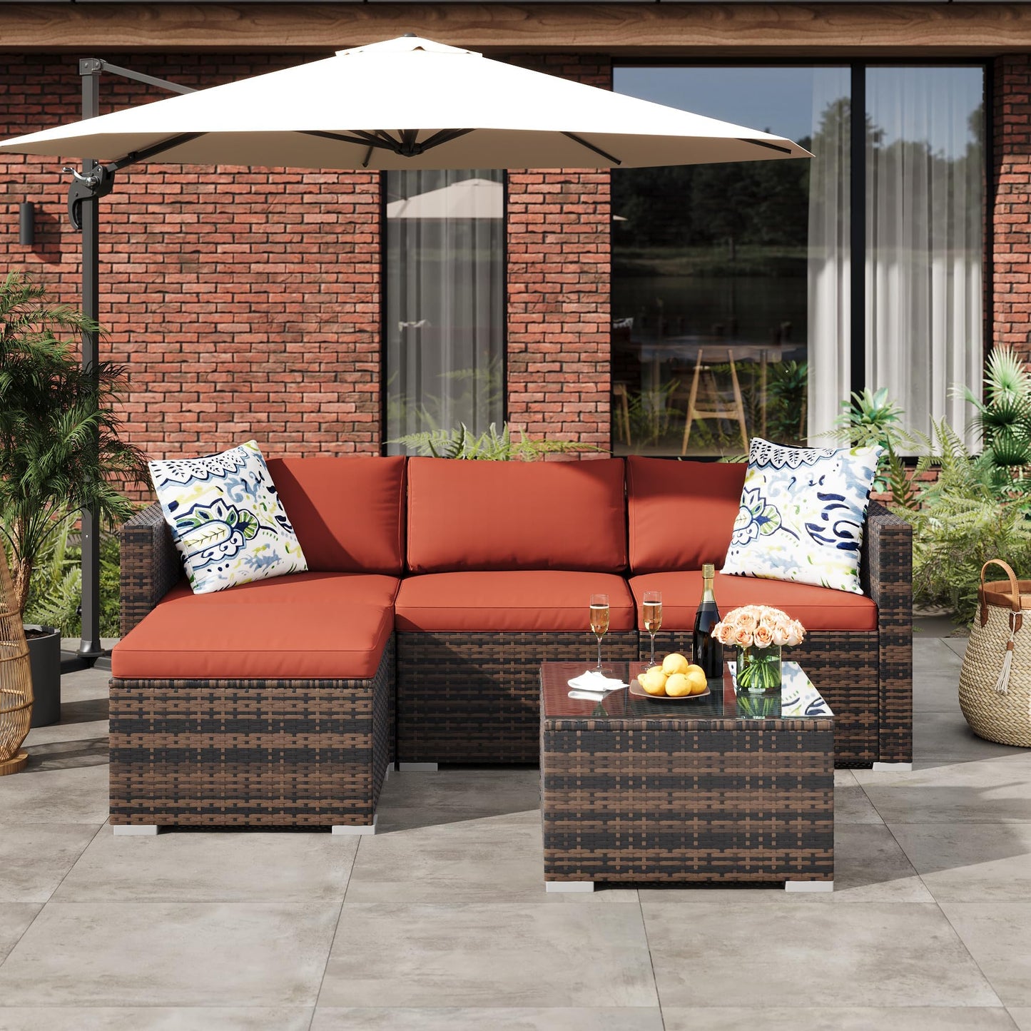 GAOMON 5-Piece All-Weather Patio Furniture Set, Convertible Outdoor Sectional Sofa with Ottoman & Tempered Glass Table, PE Rattan Conversation Set for Garden, Backyard, Porch, Poolside