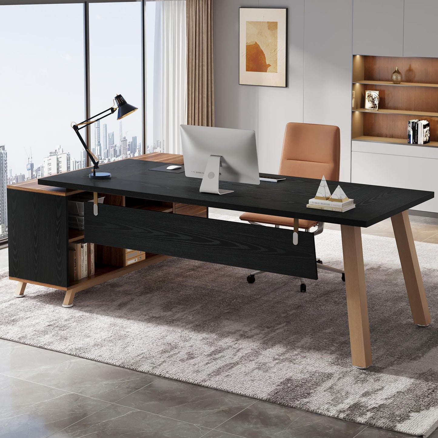 Tribesigns 78.7-Inch Executive Desk, L-Shaped Desk with 55-Inch Cabinet, Large Office Desk with Storage Shelves, Modern Computer Desk for Home Office, Black & Walnut