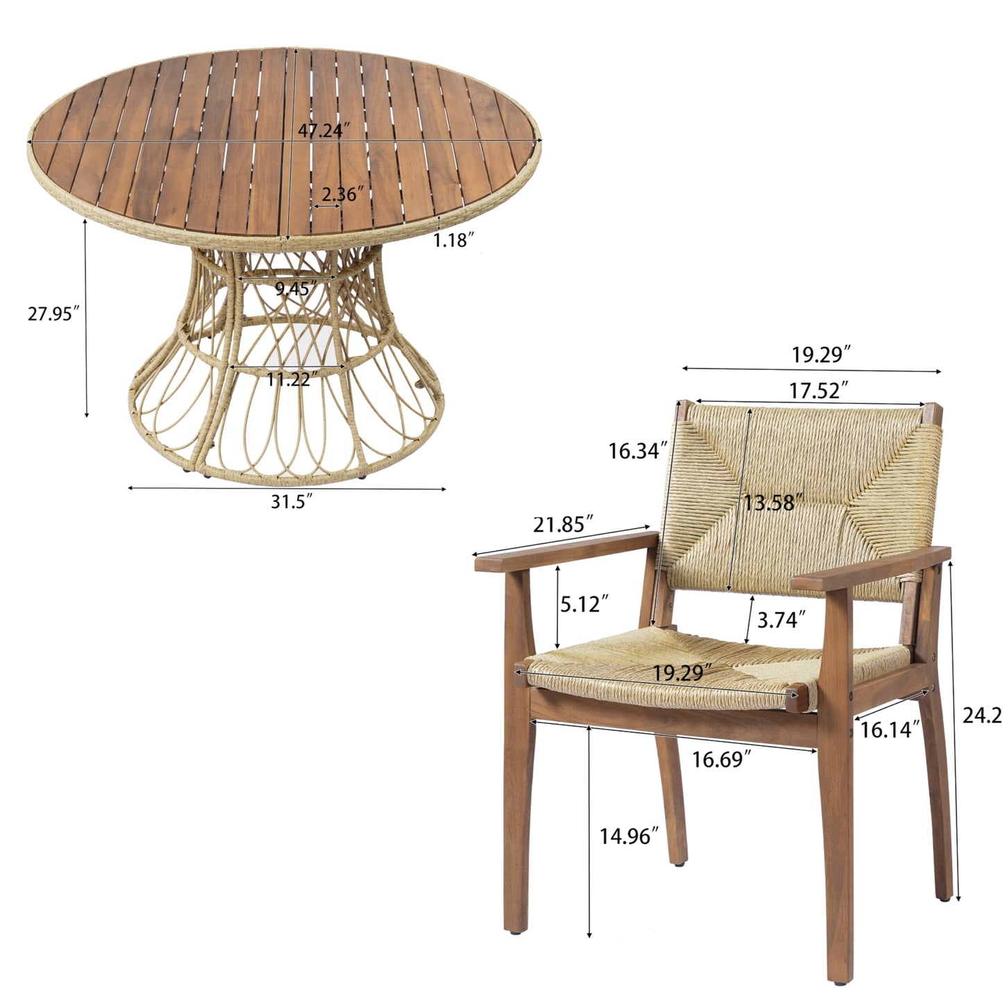 Merax 5-Piece Outdoor Dining Set, 47.24'' Round Acacia Wood Table & 4 Wicker Armchairs, Patio Furniture Set for Garden Balcony Deck, Teak Finish