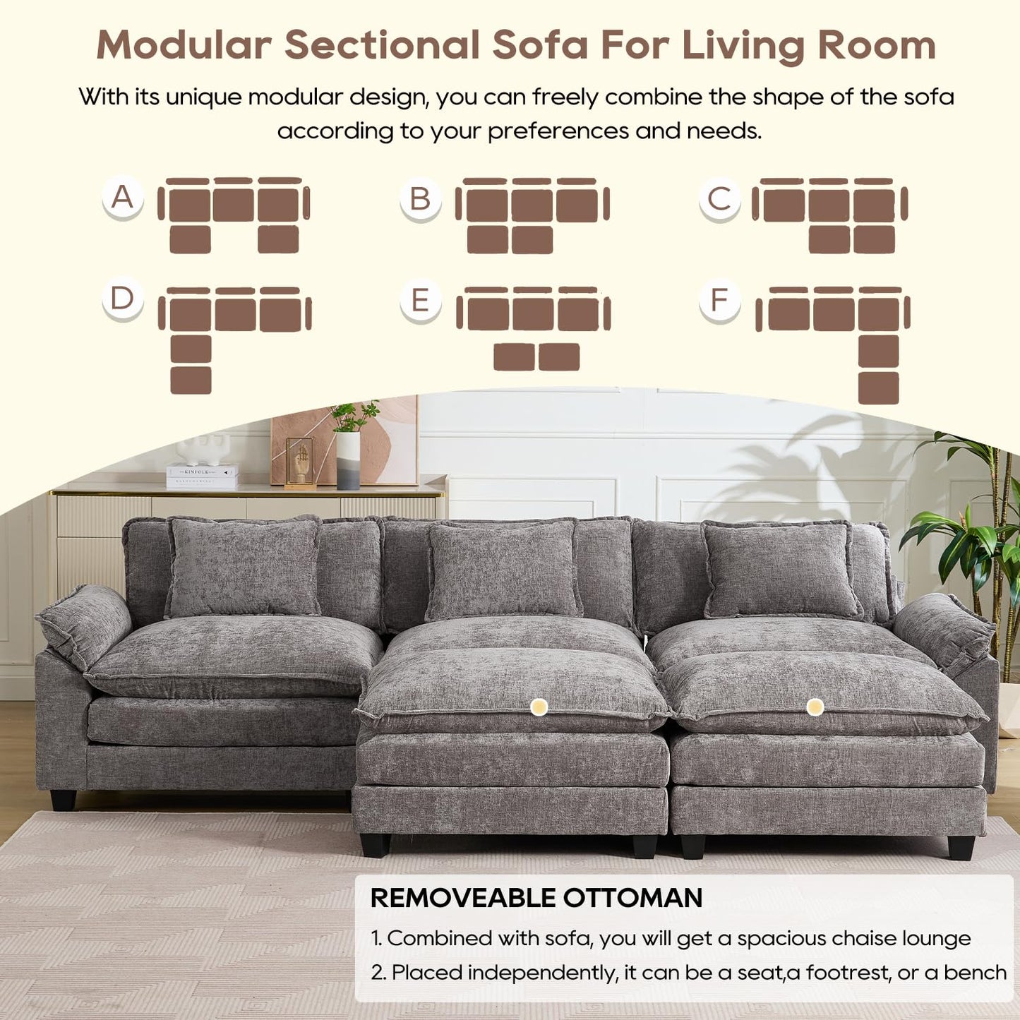 IPKIG 117" Modular Sectional Sofa, Chenille U-Shaped Sectional Couch Comfy Upholstered 3 Seat Sofa with 2 Ottoman, 3 Lumbar Pillow, Deep Seat Cloud Couch Sofa for Living Room, Light Grey