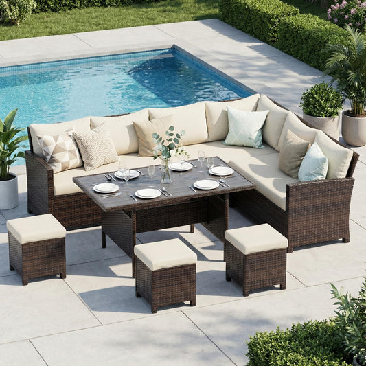 Wisteria Lane 7 Piece Patio Furniture Set, High Curved Back Wicker Patio Sectional, All Weather Outdoor Dining Set, Outdoor Furniture Patio Conversation Set with Ottoman, Brown