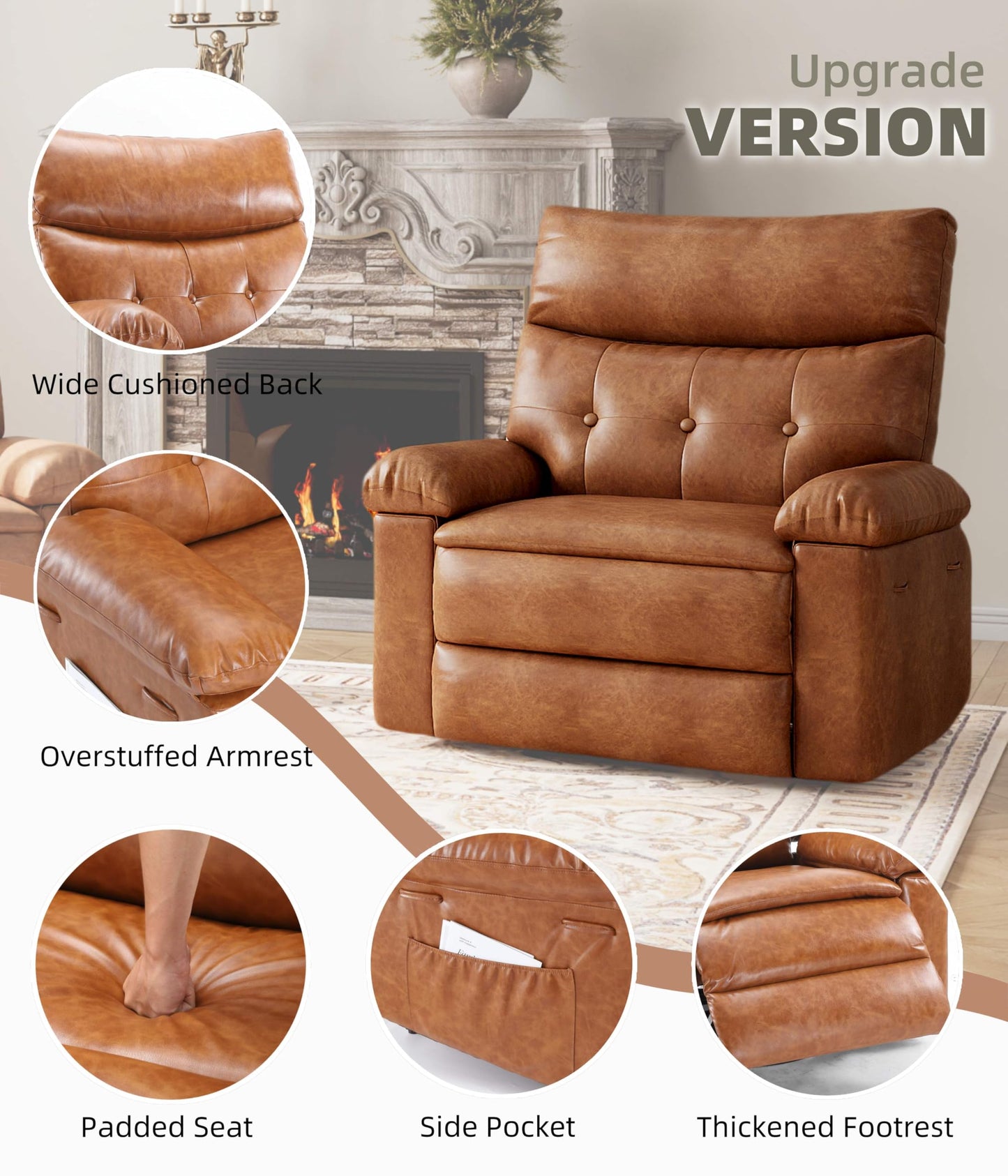 GarveeHome Oversized Recliner Chair, Extra Wide Manual Recliner with Heat and Massage, 400lbs Heavy Duty PU Leather Single Sofa, Large Lazy Chair for Big and Tall Adults, Living Room & Bedroom