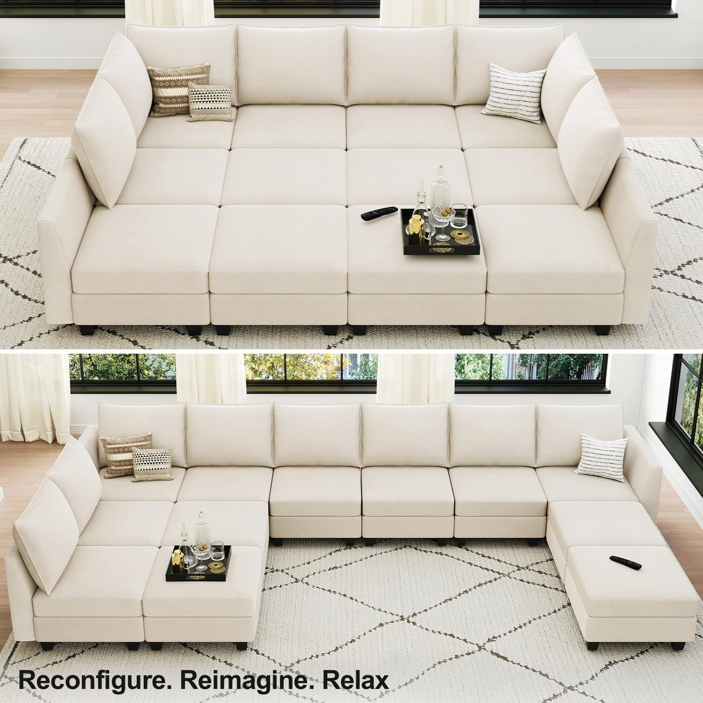 Belffin Oversized Modular Sectional Couch Sleeper Sofa with Storage Velvet Sectional Sofa Bed for Living Room, 12 Seats, Beige
